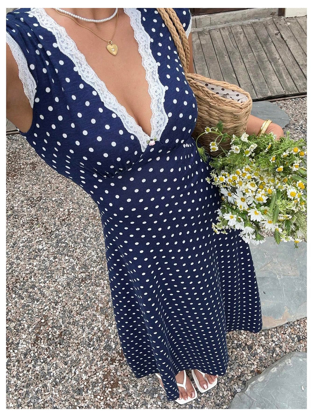 Milumia Women's Polka Dots Lace Trim Deep V Neck Dress Short Sleeve Flared Long Dresses Dark Blue XX-Small