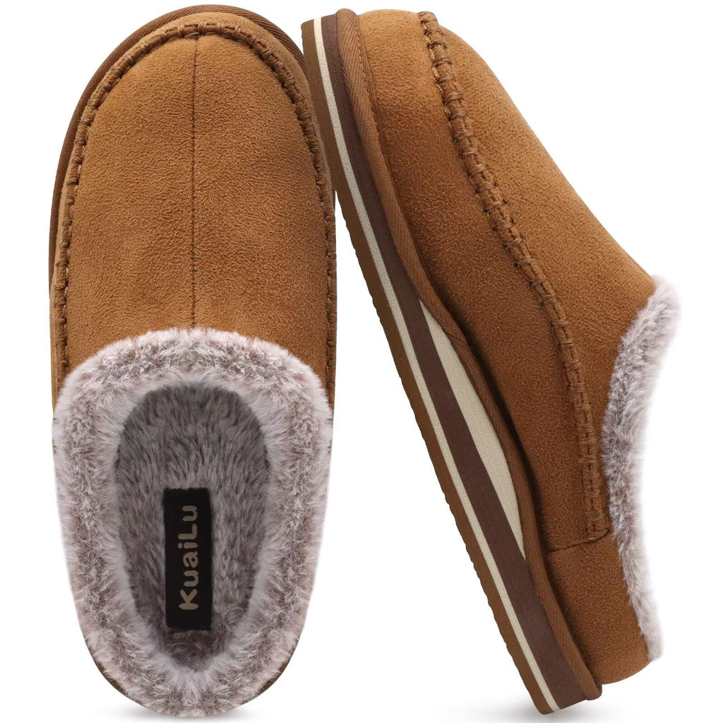 KuaiLu Mens Slippers with Orthopedic Arch Support Suede Faux Fur Fluff Plush Wool-like Warm House Shoes Comfortable Slip-on Bedroom Indoor Outdoor Clogs Slippers for Man, Size Khaki 7