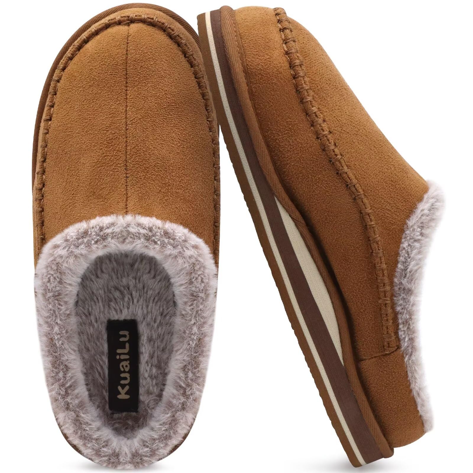 KuaiLu Mens Slippers with Orthopedic Arch Support Suede Faux Fur Fluff Plush Wool-like Warm House Shoes Comfortable Slip-on Bedroom Indoor Outdoor Clogs Slippers for Man, Size Khaki 7