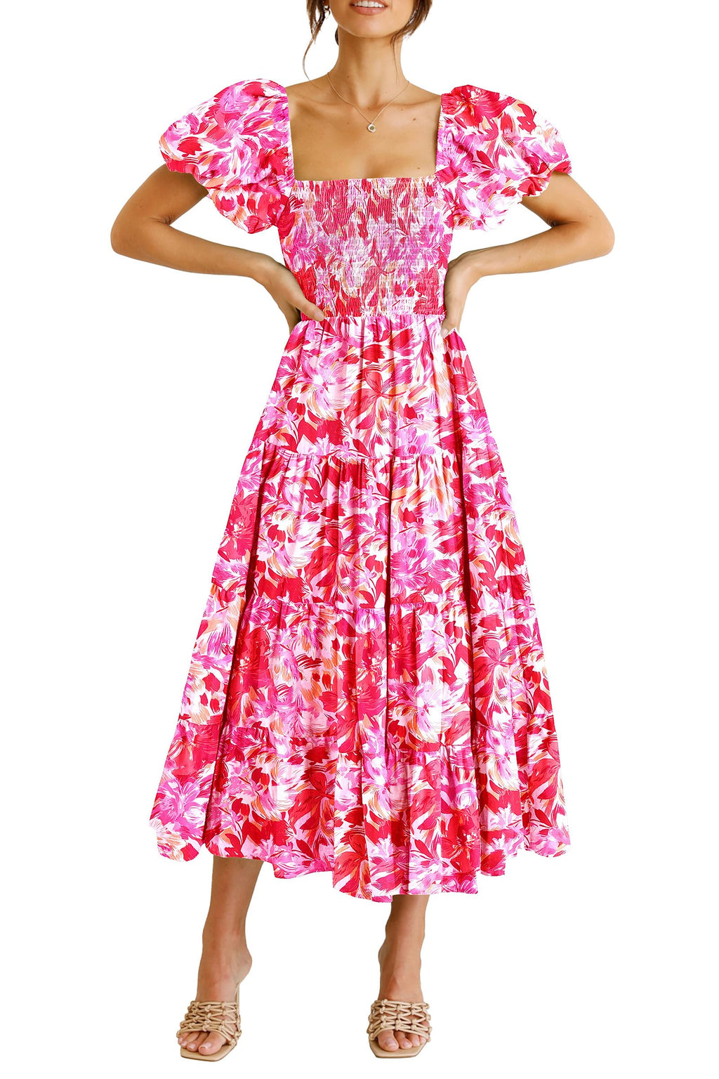 PRETTYGARDEN Women's Casual Summer Midi Dress Puffy Short Sleeve Square Neck Smocked Tiered Ruffle Dresses (Floral Rose Red,Large)