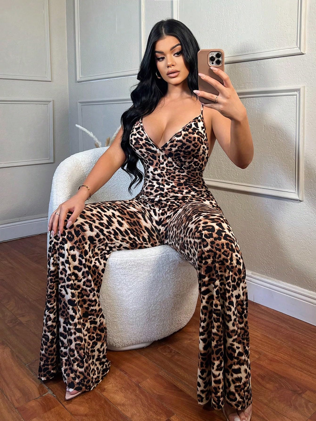 WDIRARA Women's Sexy Wide Leg Night Out Leopard Print Jumpsuits Brown 3X-Large