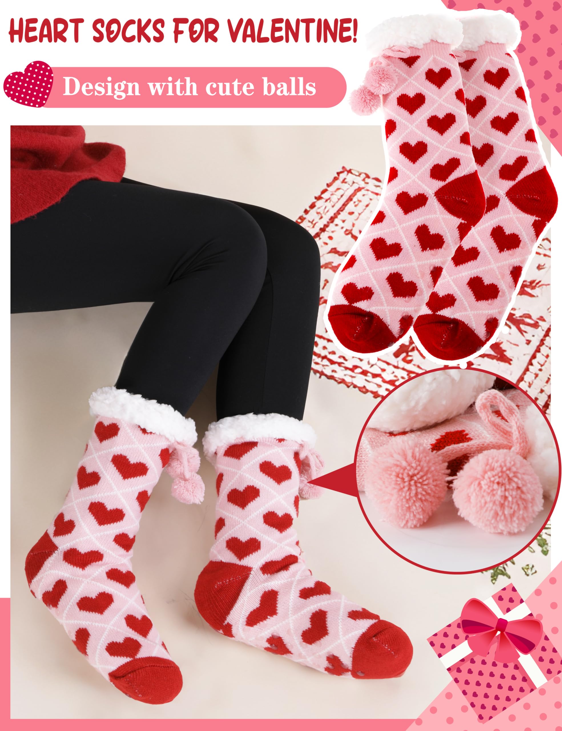 MOGGEI Fuzzy Slipper Socks for Women Galentines Day Gifts Fluffy Thermal Warm Winter Thick Cozy Non Slip Grips Plush Cabin Comfy Heart Socks Stocking Stuffers