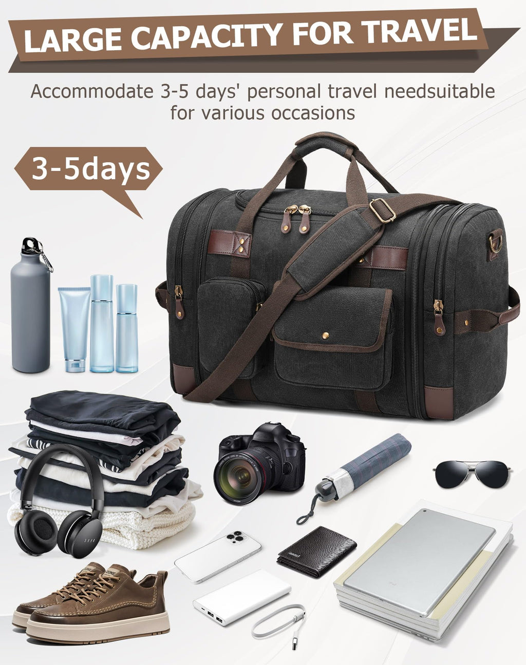 HNCTINNO Duffle Bag for Travel, 50L Carry On Duffle Bag for Airplanes, Canvas Overnight Weekender Bag for Men and Women