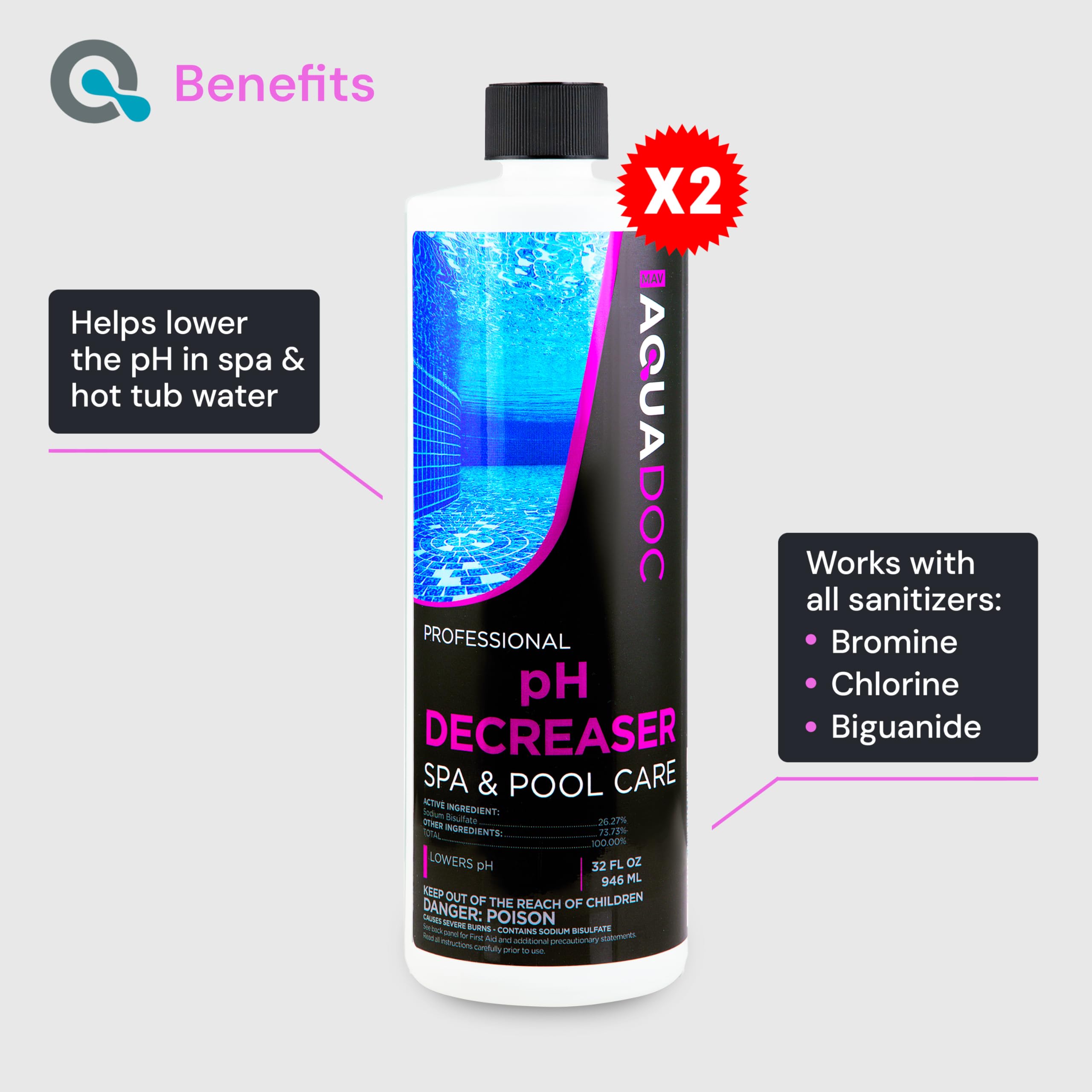 AquaDoc Spa pH Decreaser - Liquid pH Down for Hot Tubs, 32 oz (2 Pack)