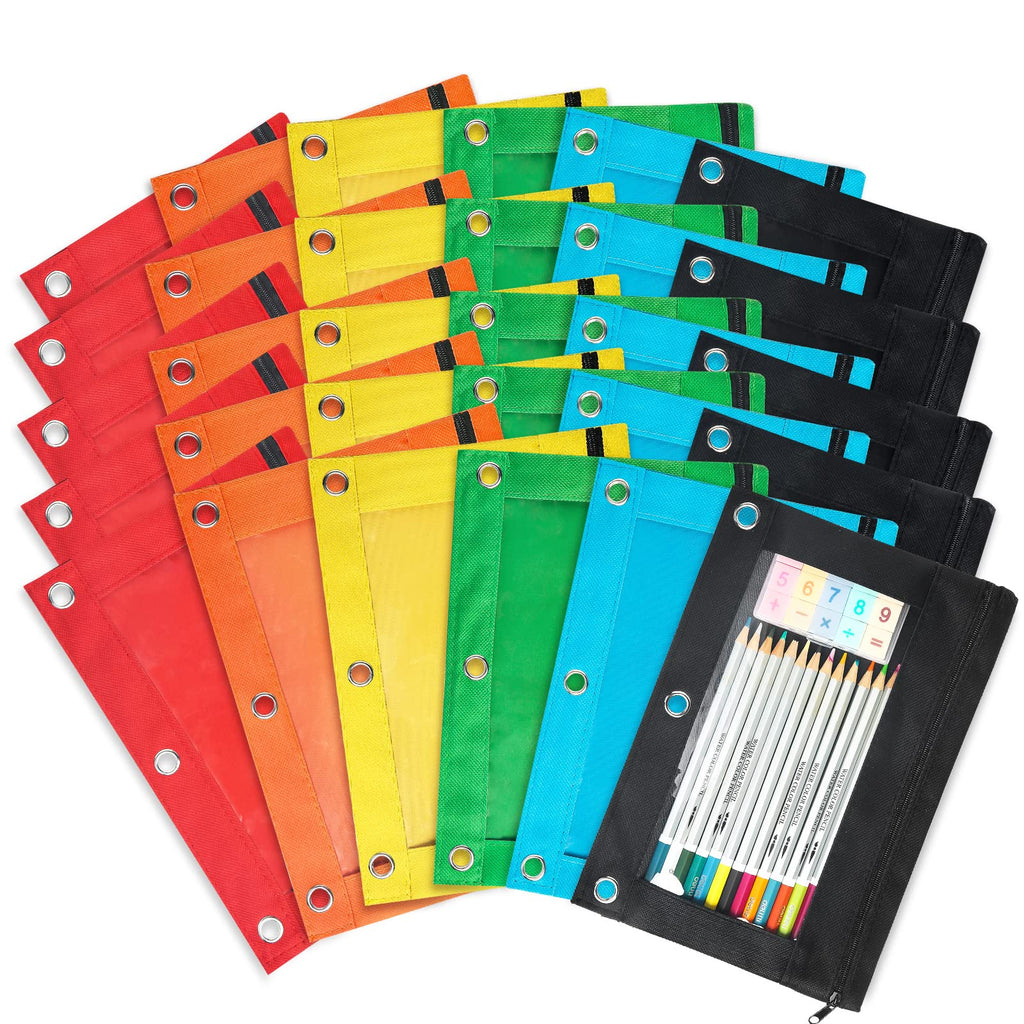 Shemira Pencil Pouch for 3 Ring Binder, 30 Pack Pencil Pouches Bulk in 6 Colors, Binder Pencil Pouch with Smooth Zipper, Zipper Pencil Pouches, 3 Ring Binder Pencil Pouches, Clear Window Pencil Case