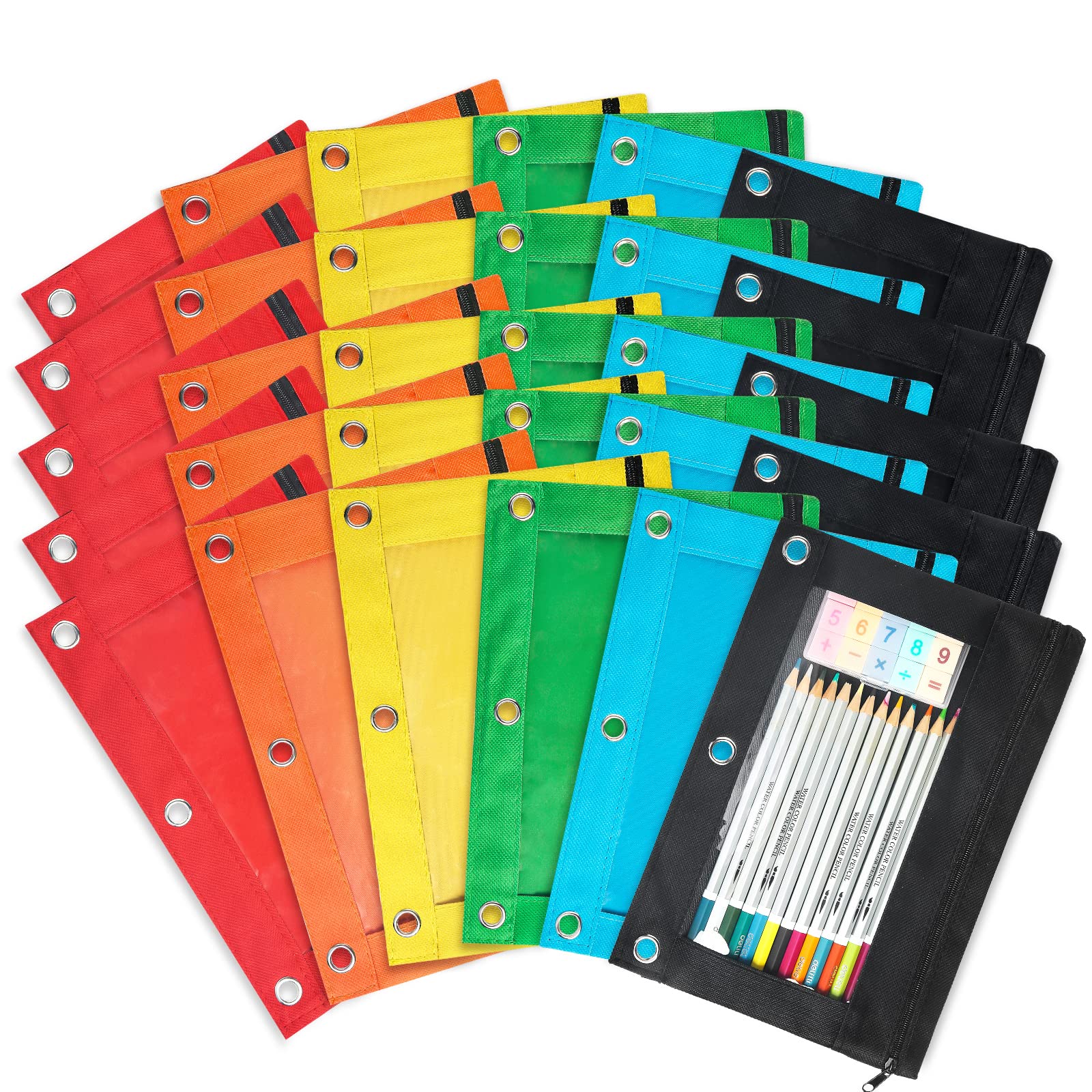 Shemira Pencil Pouch for 3 Ring Binder, 30 Pack Pencil Pouches Bulk in 6 Colors, Binder Pencil Pouch with Smooth Zipper, Zipper Pencil Pouches, 3 Ring Binder Pencil Pouches, Clear Window Pencil Case