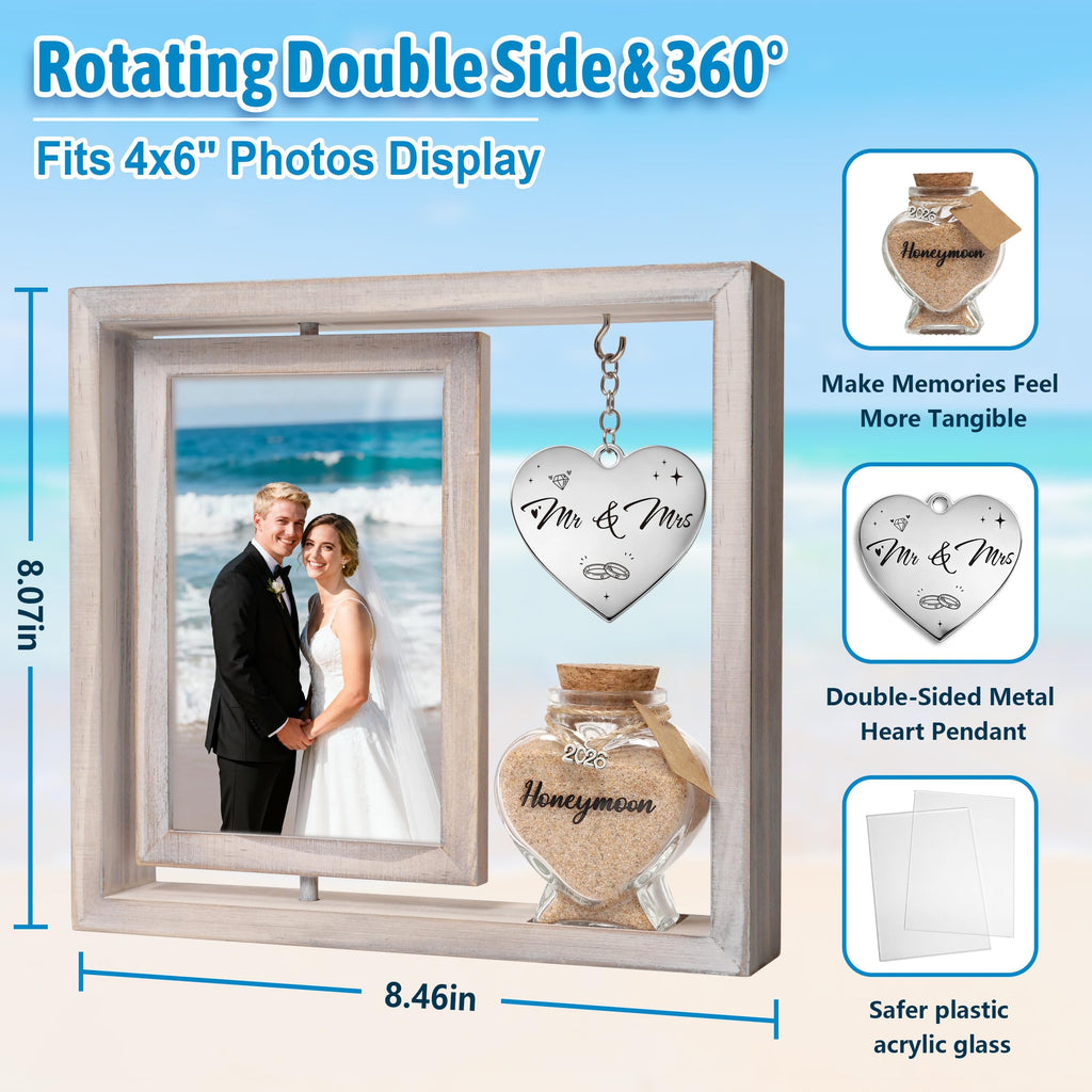 Wedding Gifts for Couples – 360° Rotating Double-Sided Picture Frame with Honeymoon Sand Keepsake Jar, Holds Two 4x6 Photos, Ideal for Bridal Shower, Mr & Mrs Engagement and Newlywed Gift Set (Mr&Mrs-White)