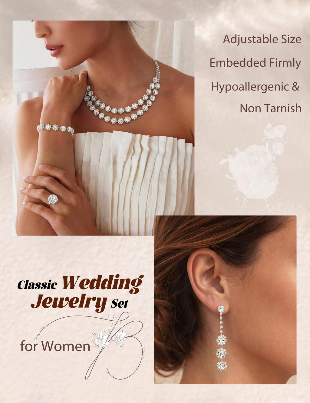 Tungary Silver Wedding Jewelry Sets for Women Hypoallergenic Choker Necklaces for Women Dangle Earrings Bracelet Adjustable Ring Wedding Jewelry Set for Bride Bridesmaid Party Prom Costume Accessories