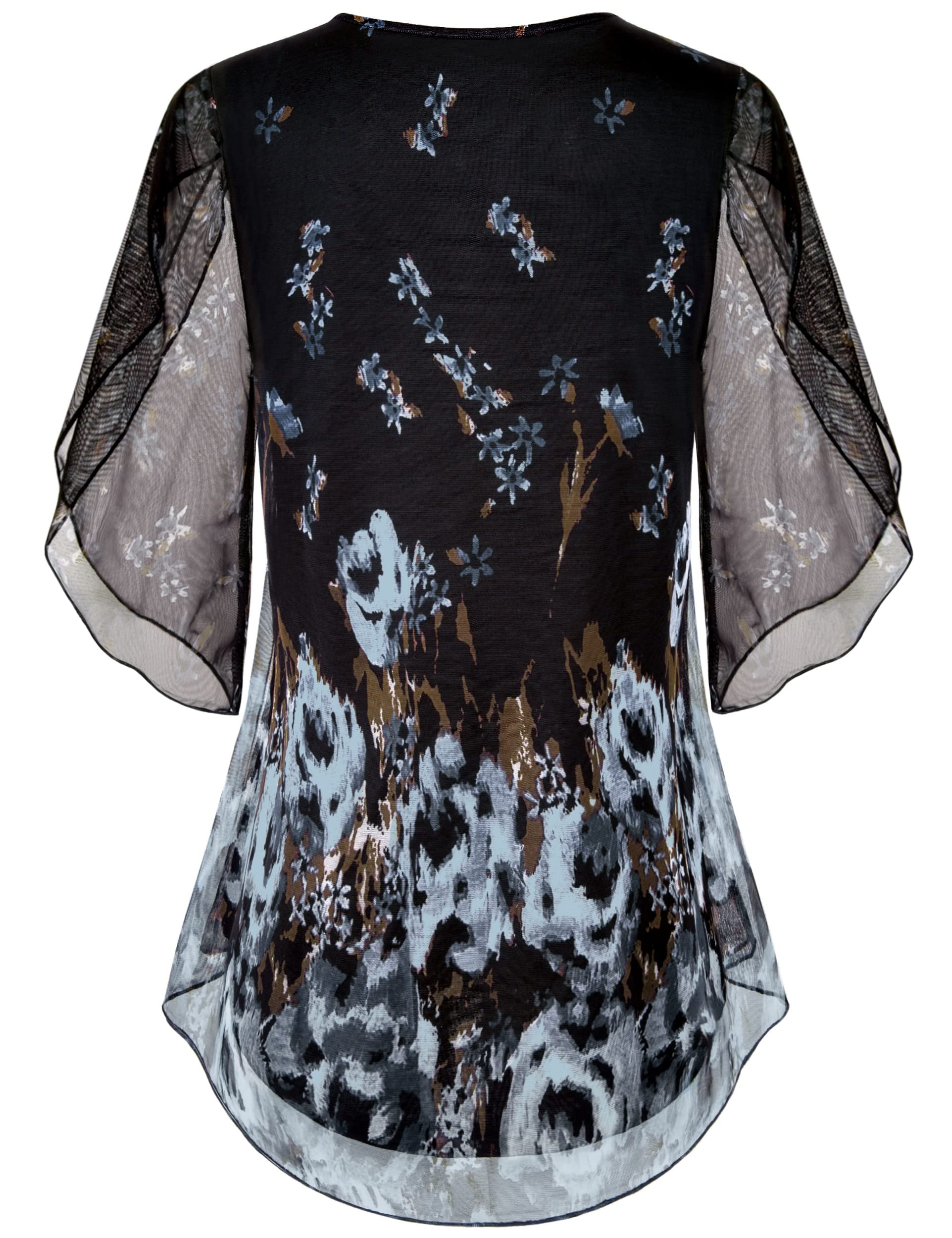 SeSe Code Flutter Sleeve Tops for Women Dressy Blouses for Women Business Casual Elegant Chiffon Tops Mesh Shirts Sheer Floral Blouses Summer Clothes Multi Black L