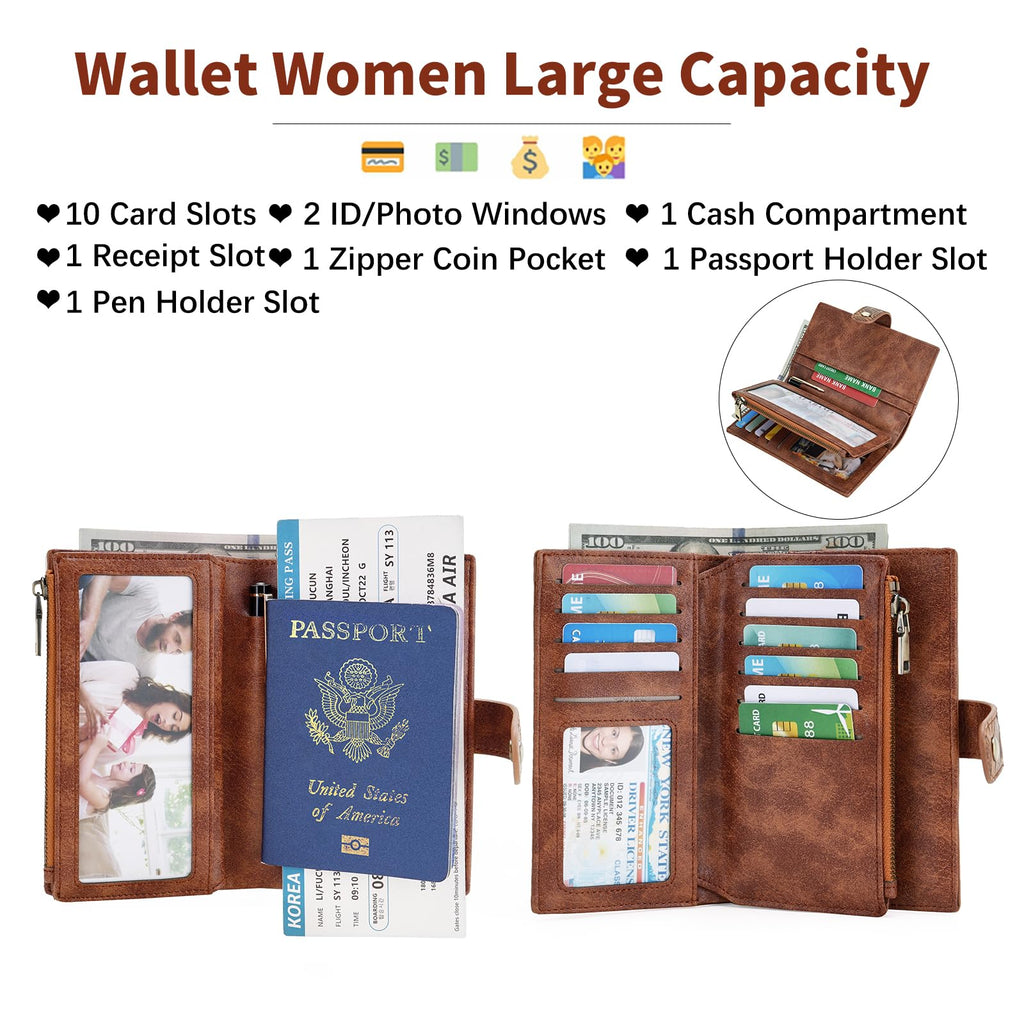 GOIACII Women's Wallet RFID Blocking Trifold Ladies Travel Wallet Purse with Coin Zipper Pocket Black & Brown