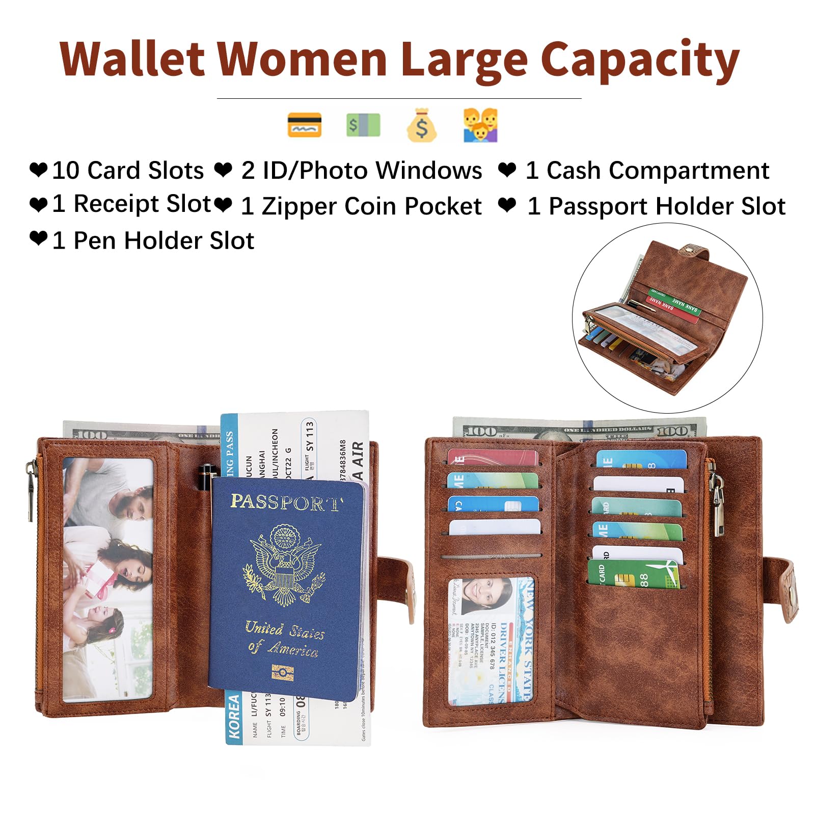 GOIACII Women's Wallet RFID Blocking Trifold Ladies Travel Wallet Purse with Coin Zipper Pocket Black & Brown