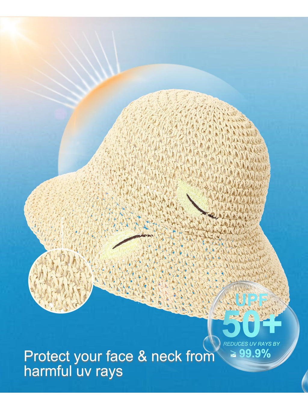 LA CARRIE Womens Sun Hat Floppy Packable Wide Brim UV Protection UPF 50+ Straw Hat with Embroidery for Summer Beach(Beige)