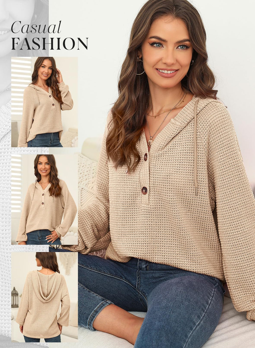 Dokotoo Winter Clothing for Women Oversized Waffle Knit Hoodies Drawstring Button V Neck Long Sleeve Casual Loose Lightweight Comfy Warm Pullover Sweatshirt Hoodie Tops Plus Size Apricot Large