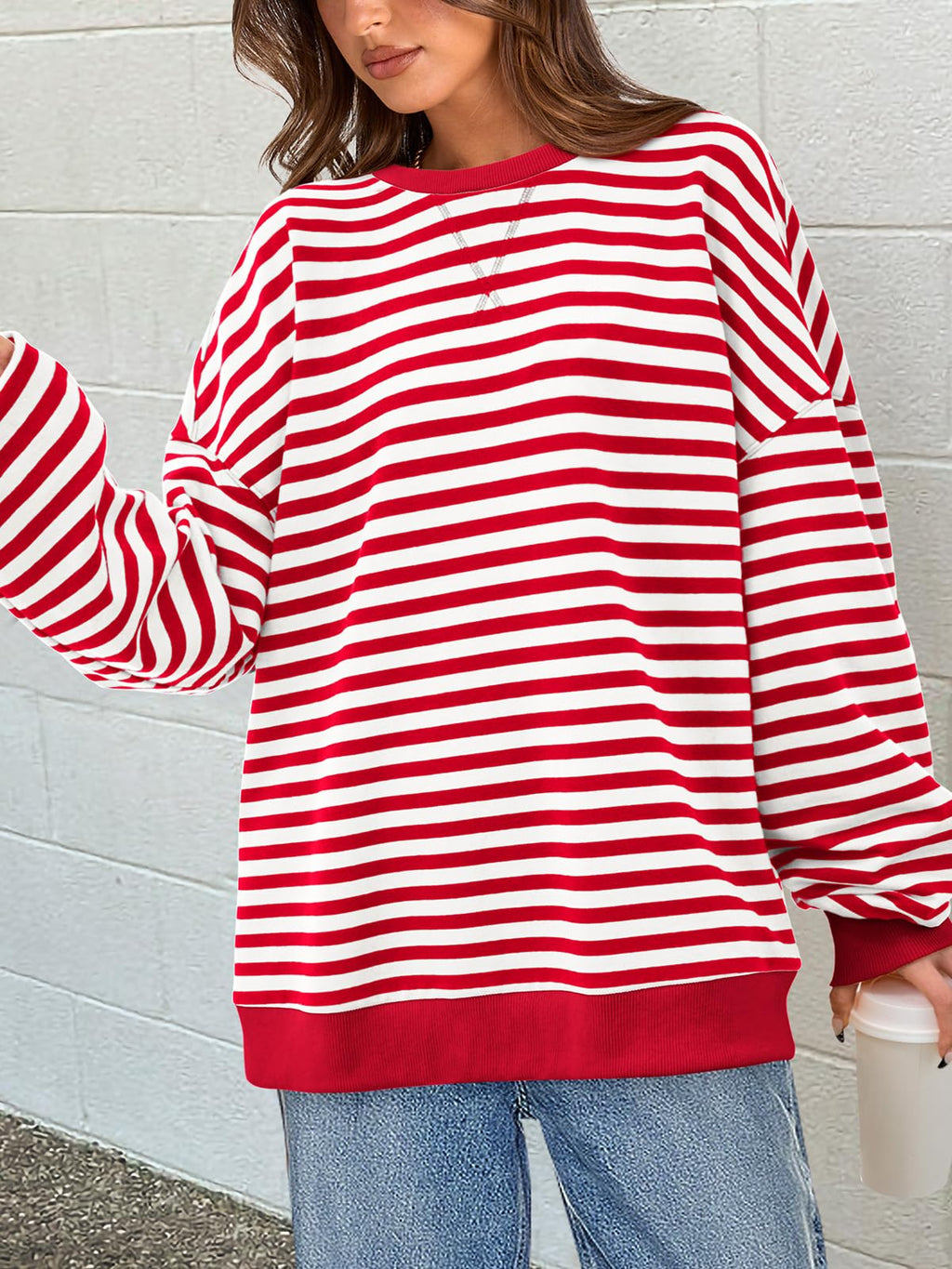 PRETTYGARDEN Women Striped Oversized Sweatshirt Color Block Crew Neck Long Sleeve Casual Pullover Top Spring Y2K Clothes (Red White, Small)