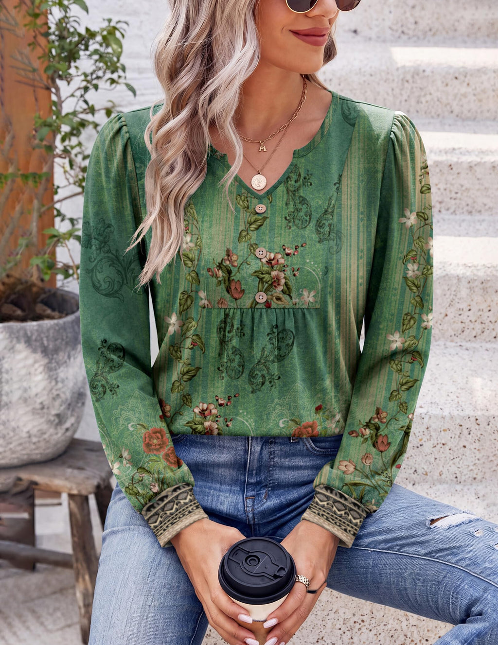 Zeagoo Boho Tops For Women Fall Long Sleeve V Neck Henly Shirt Floral Tunic