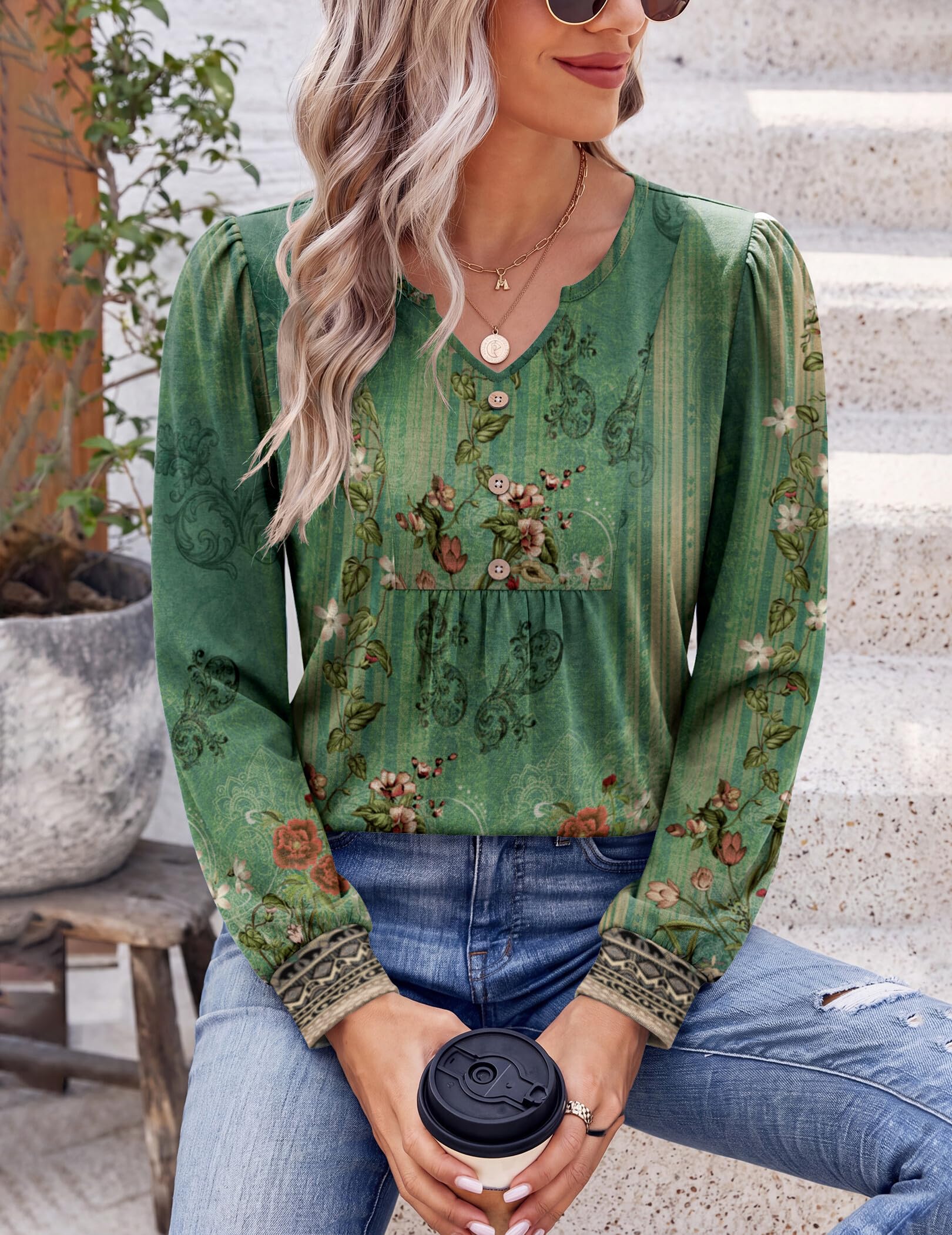Zeagoo Boho Tops For Women Fall Long Sleeve V Neck Henly Shirt Floral Tunic