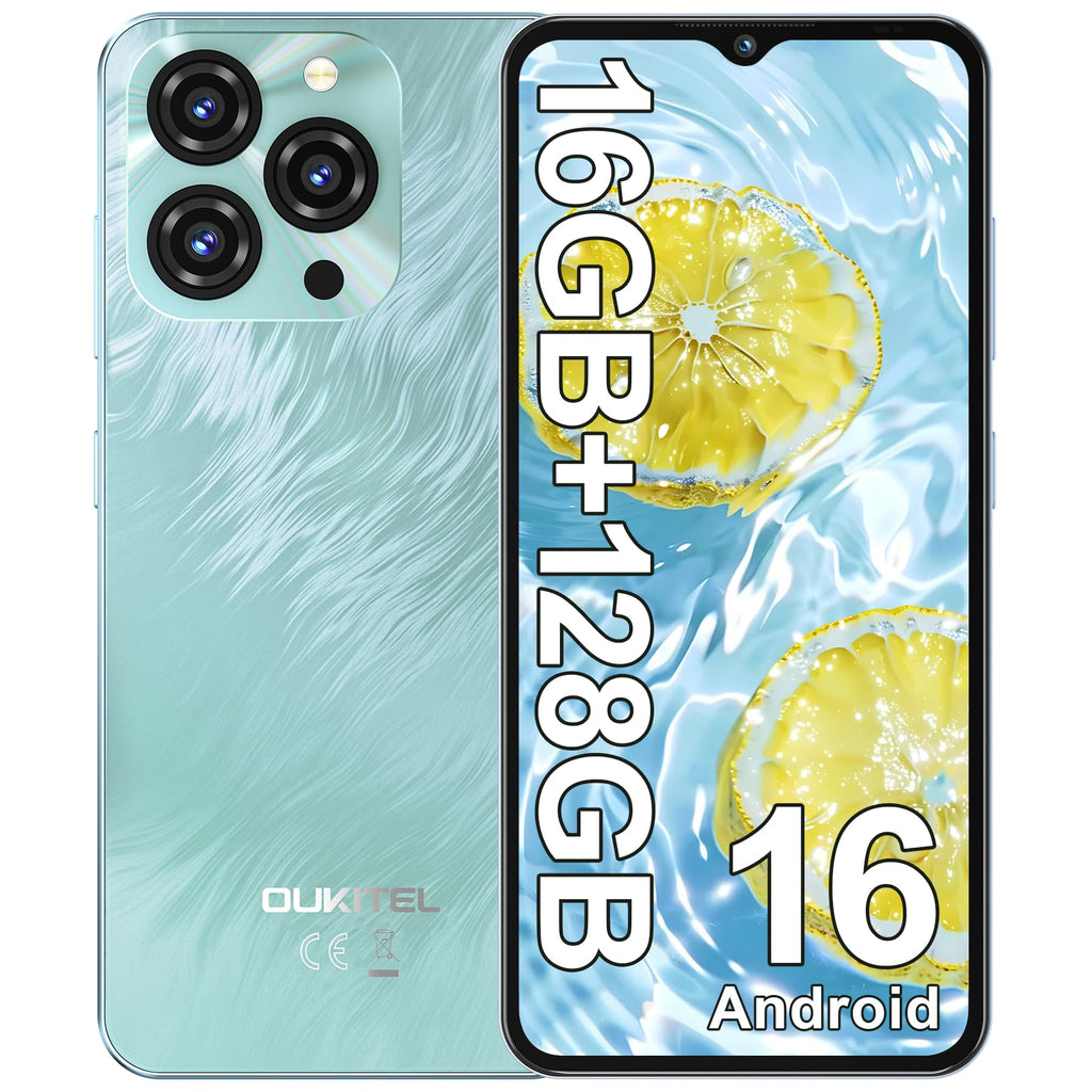 OUKITEL C3 Android 16 Cell Phone Unlocked-16GB RAM+128GB/TF 1TB ROM Smartphone, 5000mAh Battery, 6.52'' Waterdrop Screen, 13MP+5MP Camera, 4G Dual SIM Android Phone, Face ID/3.5mm Jack/GPS/BT5.0, Blue