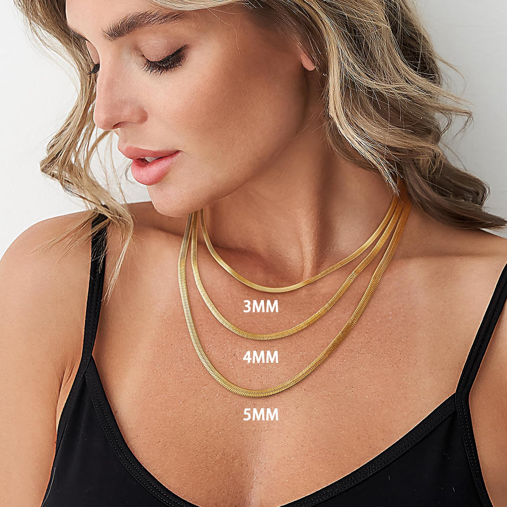 Jewlpire 18K Gold Plated Herringbone Necklace for Women, 3mm Flat Snake Chain Necklace, Gold Chain Choker Necklaces, Women's Chains Necklaces 16 Inch