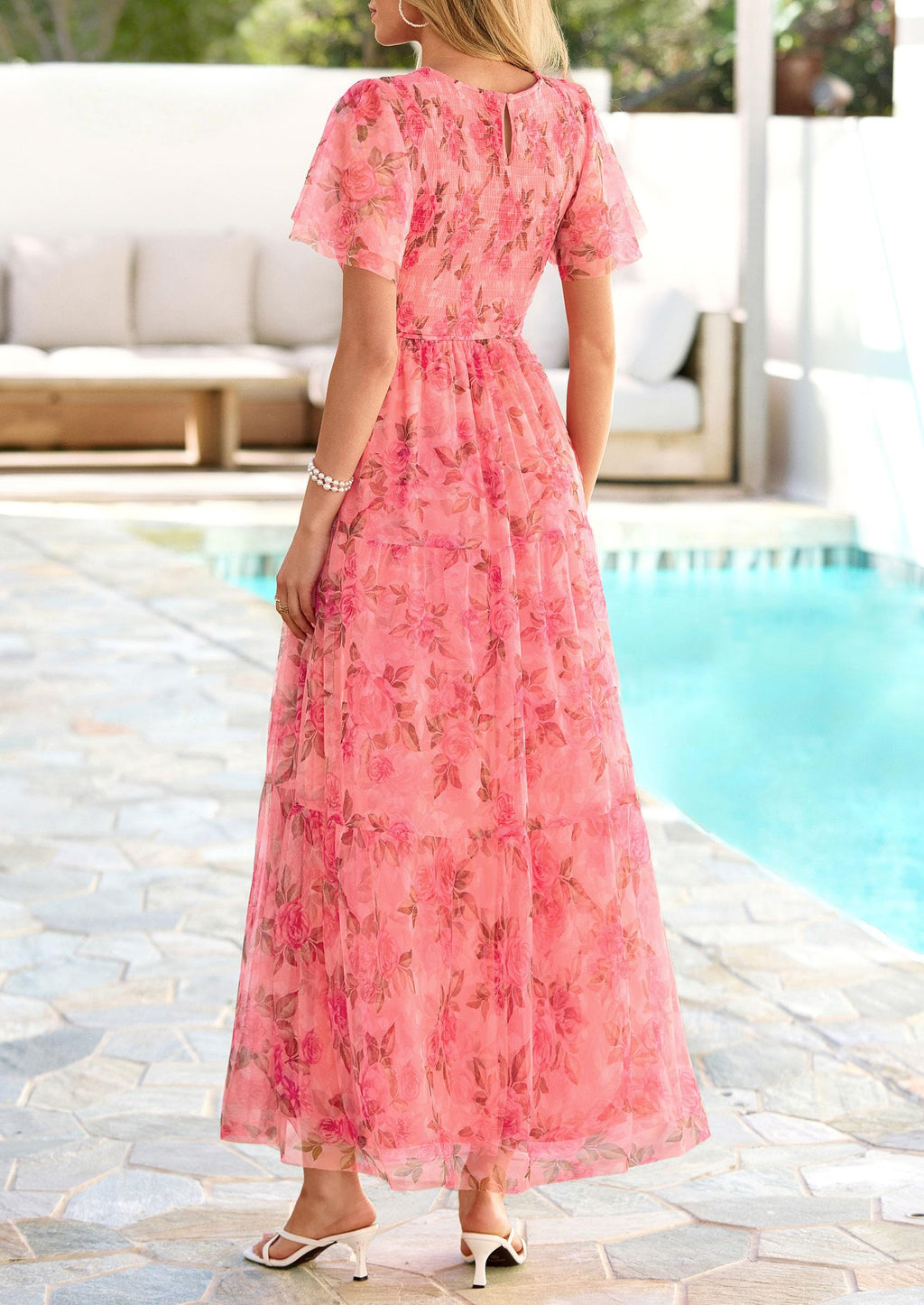 PRETTYGARDEN Tulle Floral Dress Women Summer Wedding Guest 2026 Spring Short Sleeve Maxi Smocked Flowy Beach Party Dresses (Orange Pink Red Floral,Small)