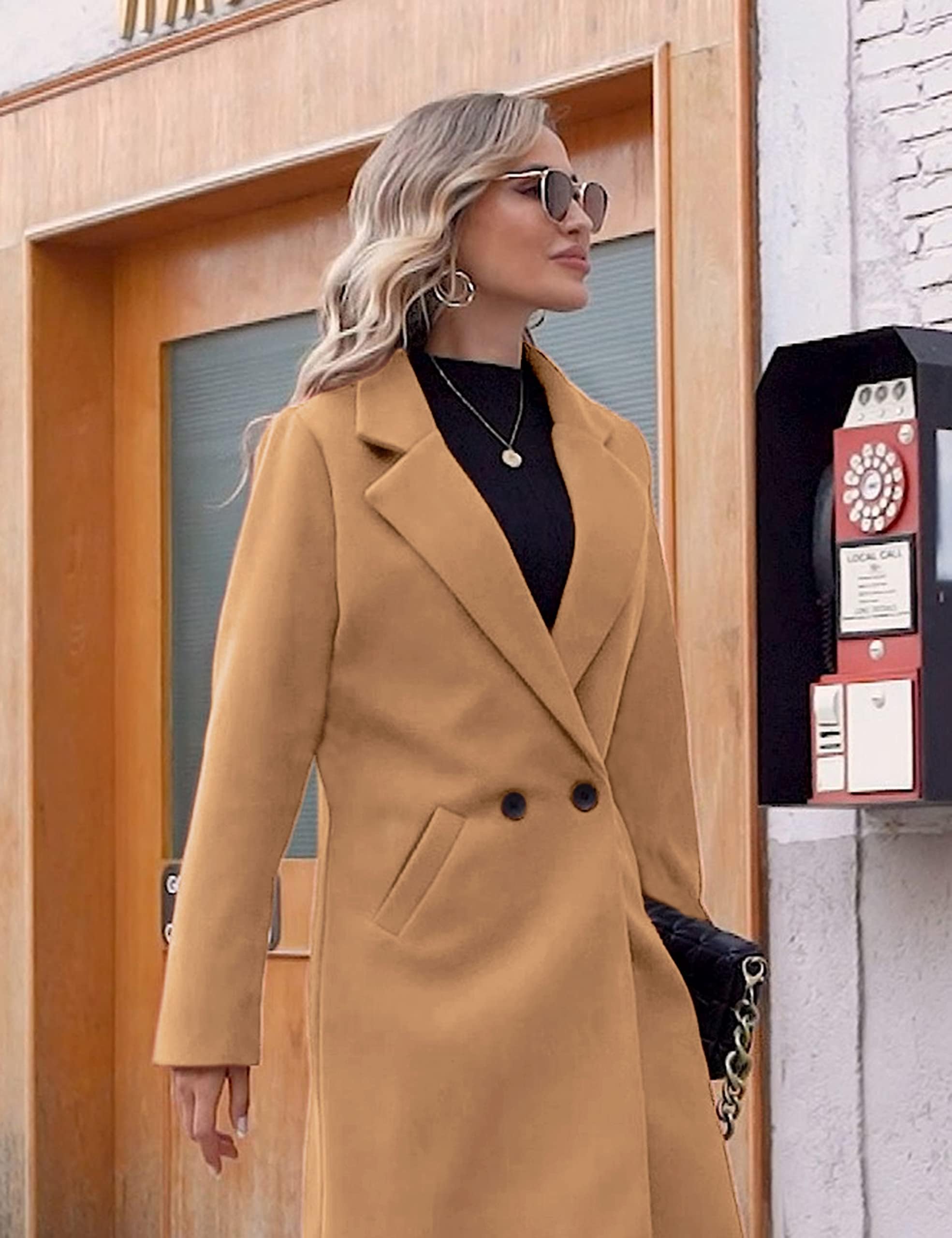 Hooever Women's Winter Wool Coat Casual Notch Lapel Single-Breasted Peacoat(khaki-M01)