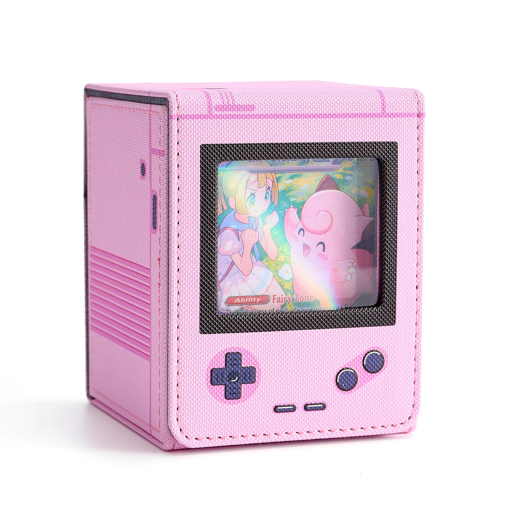 Retro Gaming Console Appearance MTG Deck Box with Commander Display, Card Deck Case Fit 120 Single Sleeved Cards, PU Leather Magnetic Card Storage Box with 2 Dividers, Compatible with TCG/PTCG (Pink)