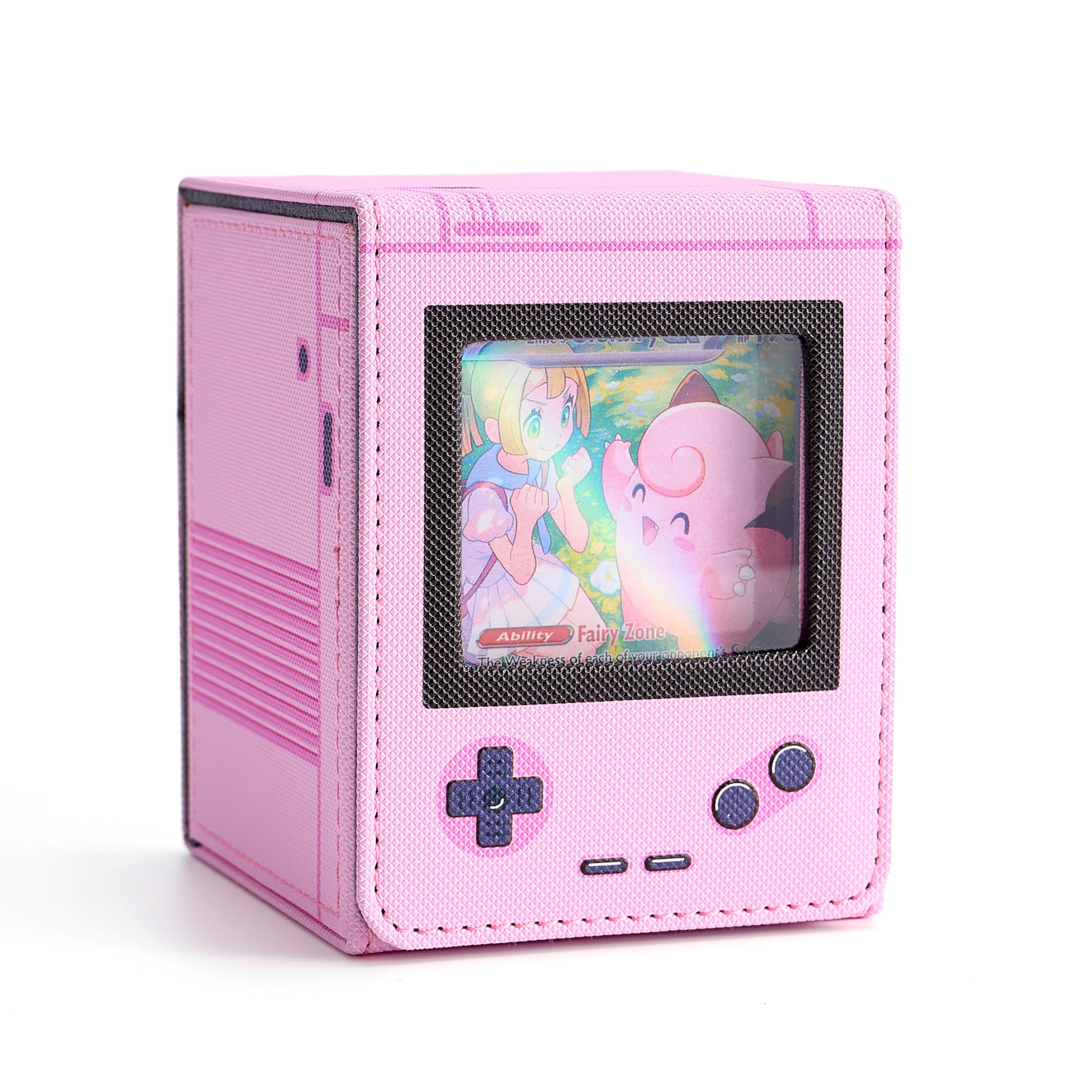 Retro Gaming Console Appearance MTG Deck Box with Commander Display, Card Deck Case Fit 120 Single Sleeved Cards, PU Leather Magnetic Card Storage Box with 2 Dividers, Compatible with TCG/PTCG (Pink)