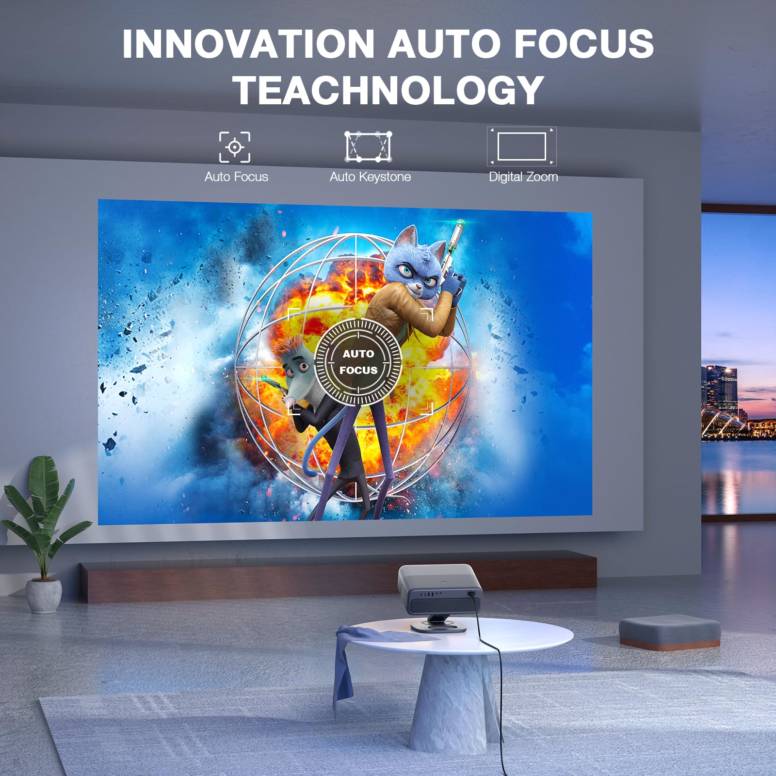 [ Officially-Licensed APP & Dolby Audio] 4K Projector with WiFi and Bluetooth,TOF Real-Time Auto Focus Smart Projector, AuKing Outdoor Movie Home Theater Proyector with Omni-Adjustable Stand
