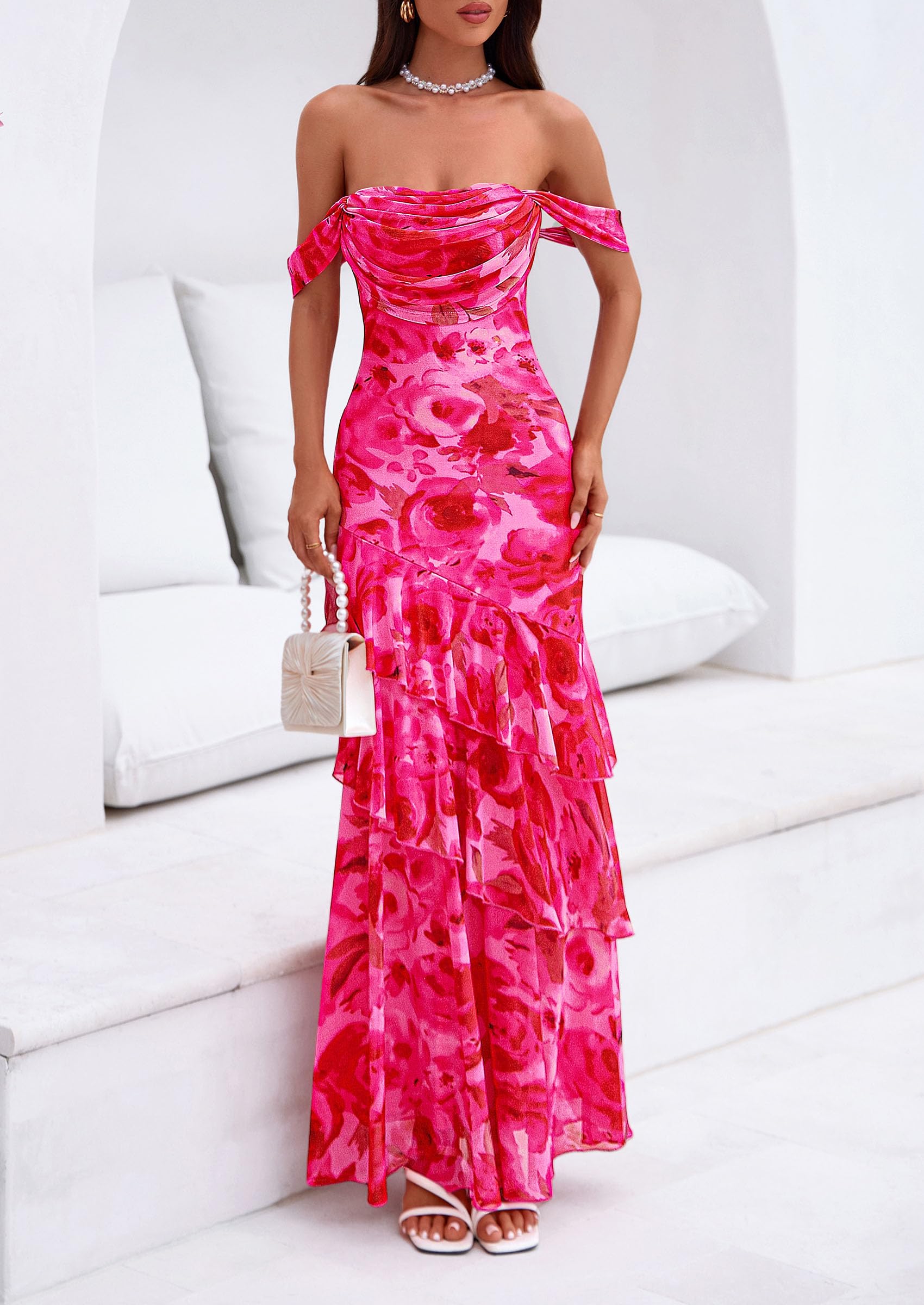 PRETTYGARDEN Women's Formal Cocktail Maxi Dresses 2026 Summer Off Shoulder Floral Mesh Bodycon Spring Wedding Guest Dress (Floral Pink,Small)