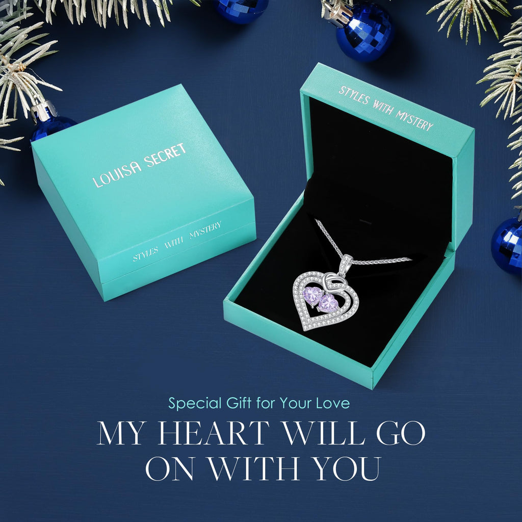 LOUISA SECRET Sparkling Double Heart Birthstone Necklaces for Women, 925 Sterling Silver Fine Jewelry, Pendant Heart Necklaces Birthday Anniversary Christmas Gift for Women Wife Mom Girlfriend Lady