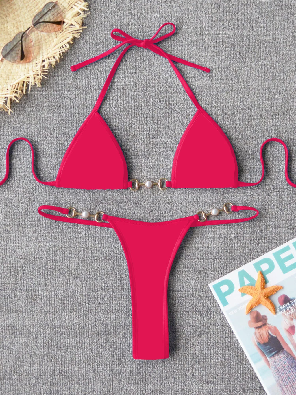 TASHEHE Women's Triangle Thong Bikini Set Sexy Brazillian Two Piece Swimsuit String Bathing Suit - Solid Red - Small