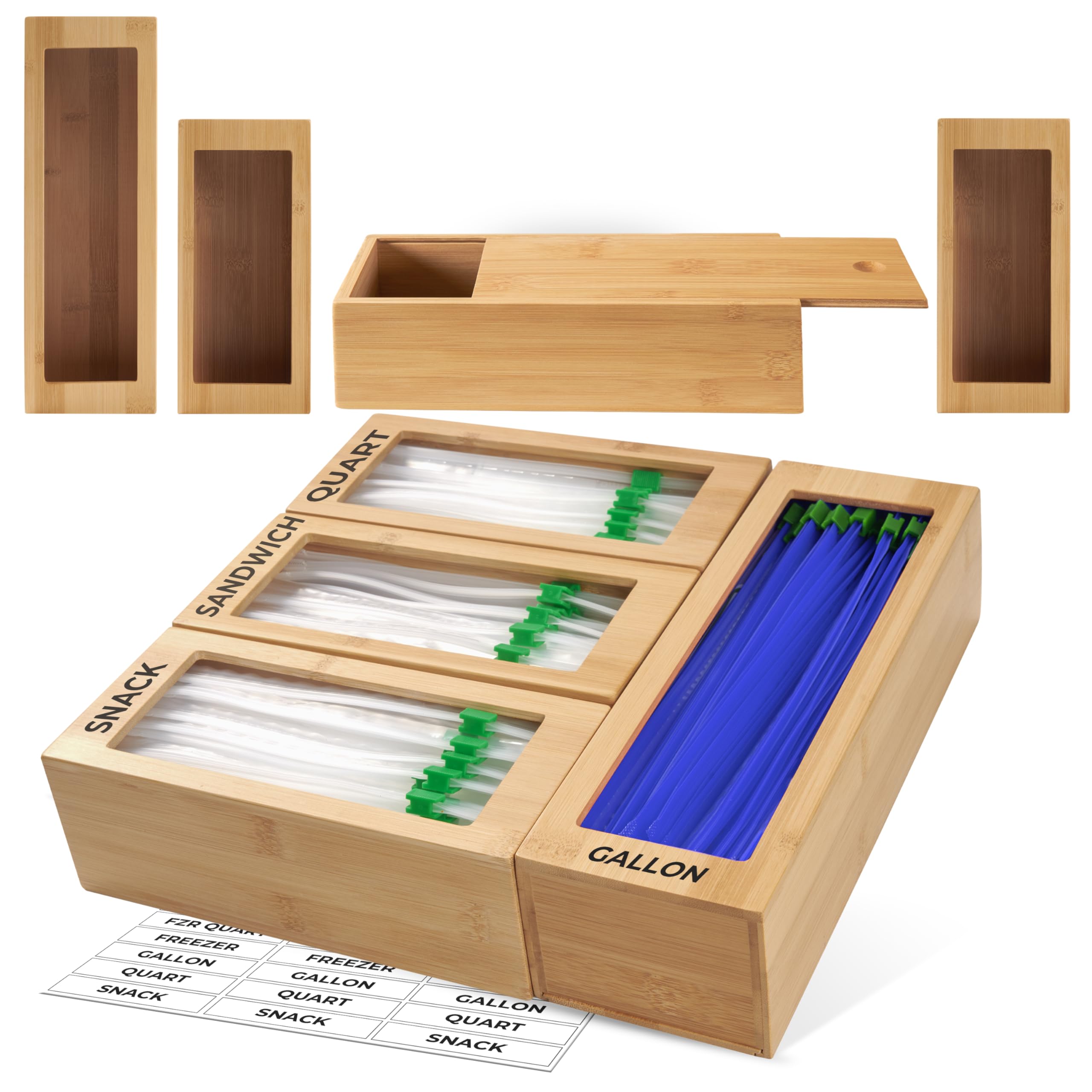 Storage Bag Organizer, Bamboo Baggie Organizer for Drawer, 4 Modular Blocks for Kitchen Organization, Plastic Bag Storage Organizer, Quick Refill - Fits Gallon, Quart, Sandwich, Snack Size Bags