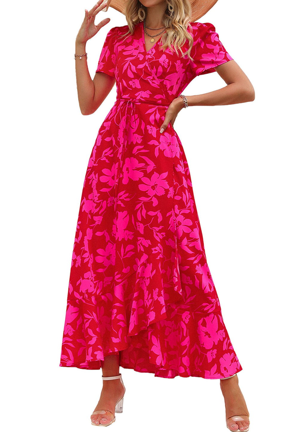 PRETTYGARDEN Women's Summer Wrap Maxi Dress Casual Boho Floral V Neck Short Sleeve Ruffle Hem Split Beach Long Dresses (Red Floral,Large)