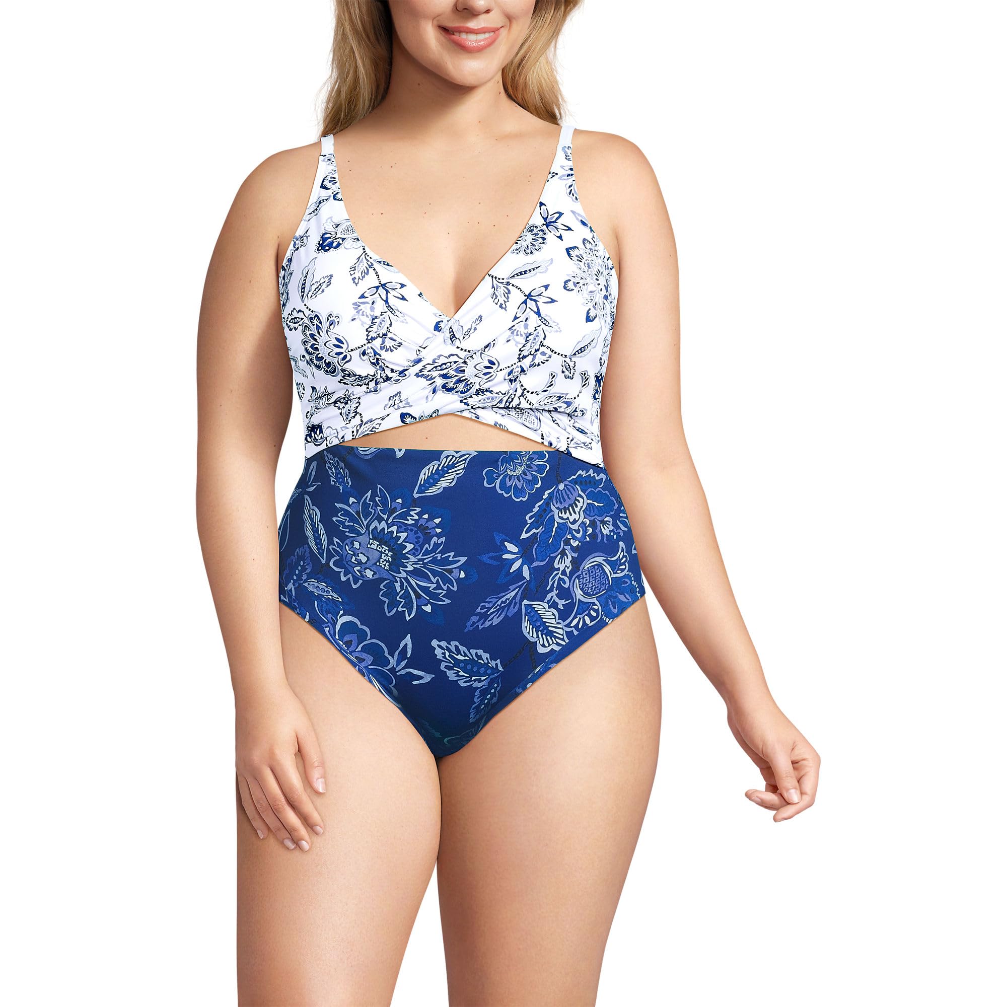 Lands' End Women's Wrap Monokini High Leg One Piece Swimsuit 0 White/Blue Vintage Floral Mix
