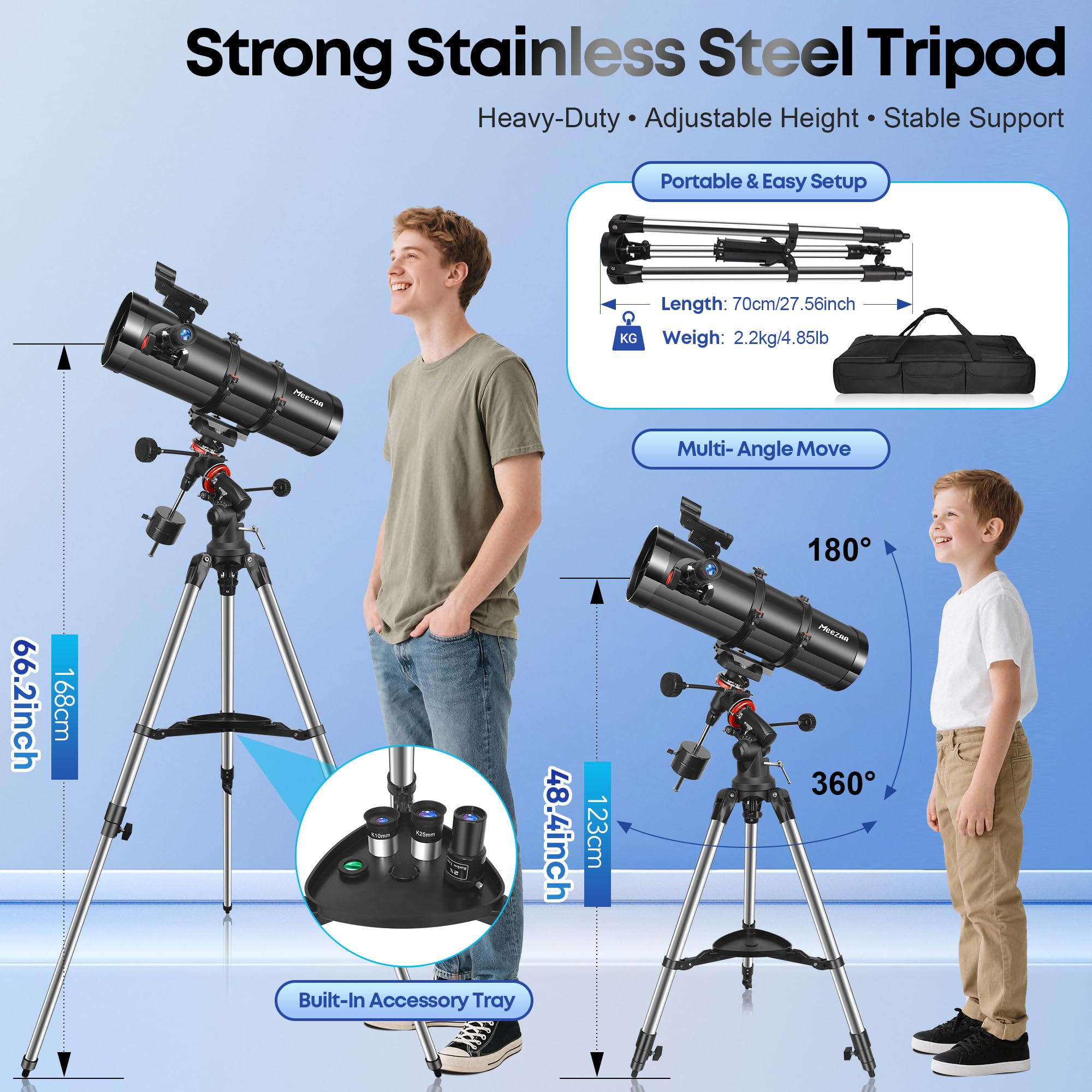 MEEZAA Telescope, 150EQ Newtonian Reflector Telescope for Adults Astronomy Beginners, Professional Astronomical Telescopes with Equatorial Mount, Phone Adapter, Tripod, Moon Filter and Large Carry Bag