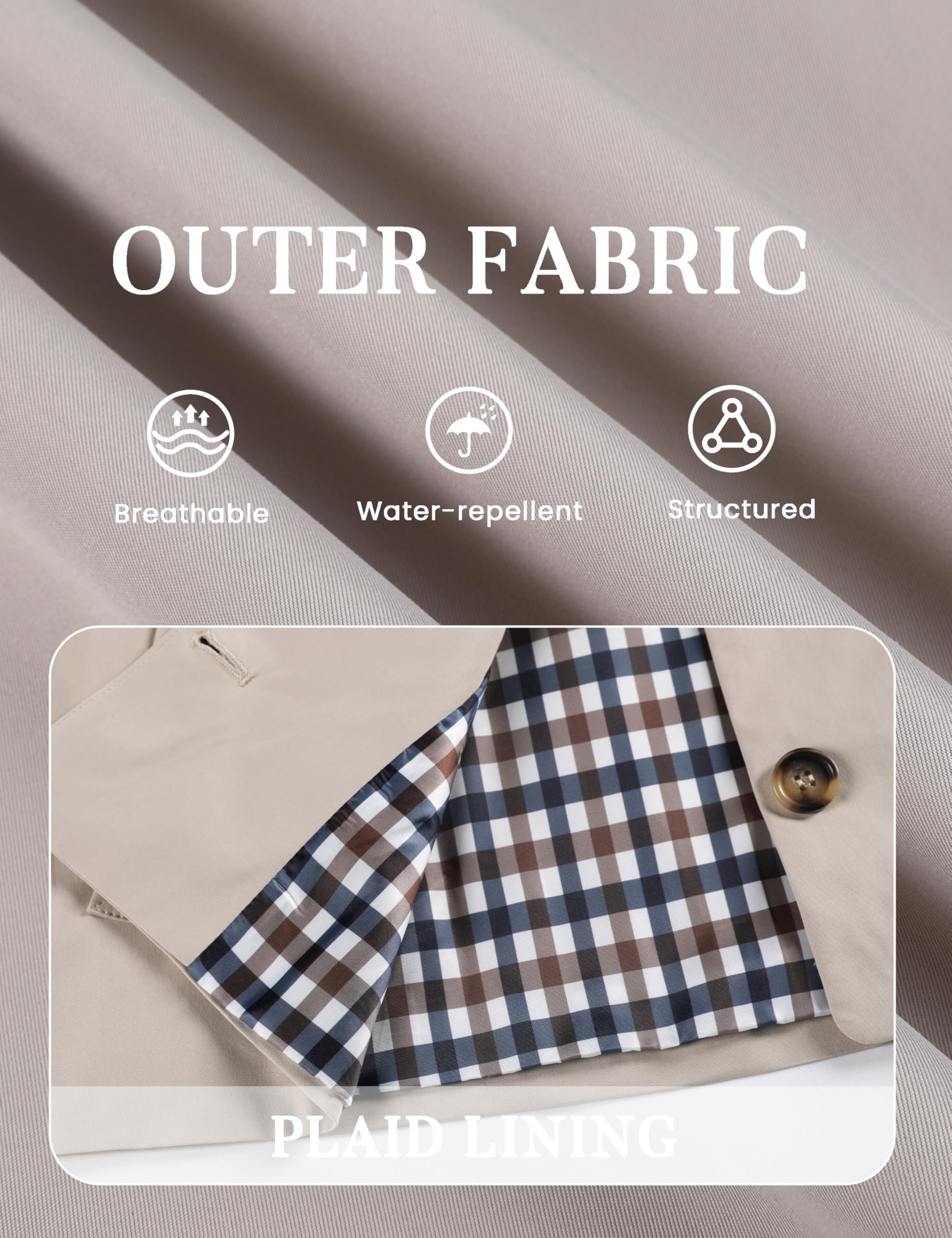 Dqbeng Womens Short Trench Jacket Plaid Lining Button Front Lightweight Classic Casual Outerwear with Pockets (Beige-XS)