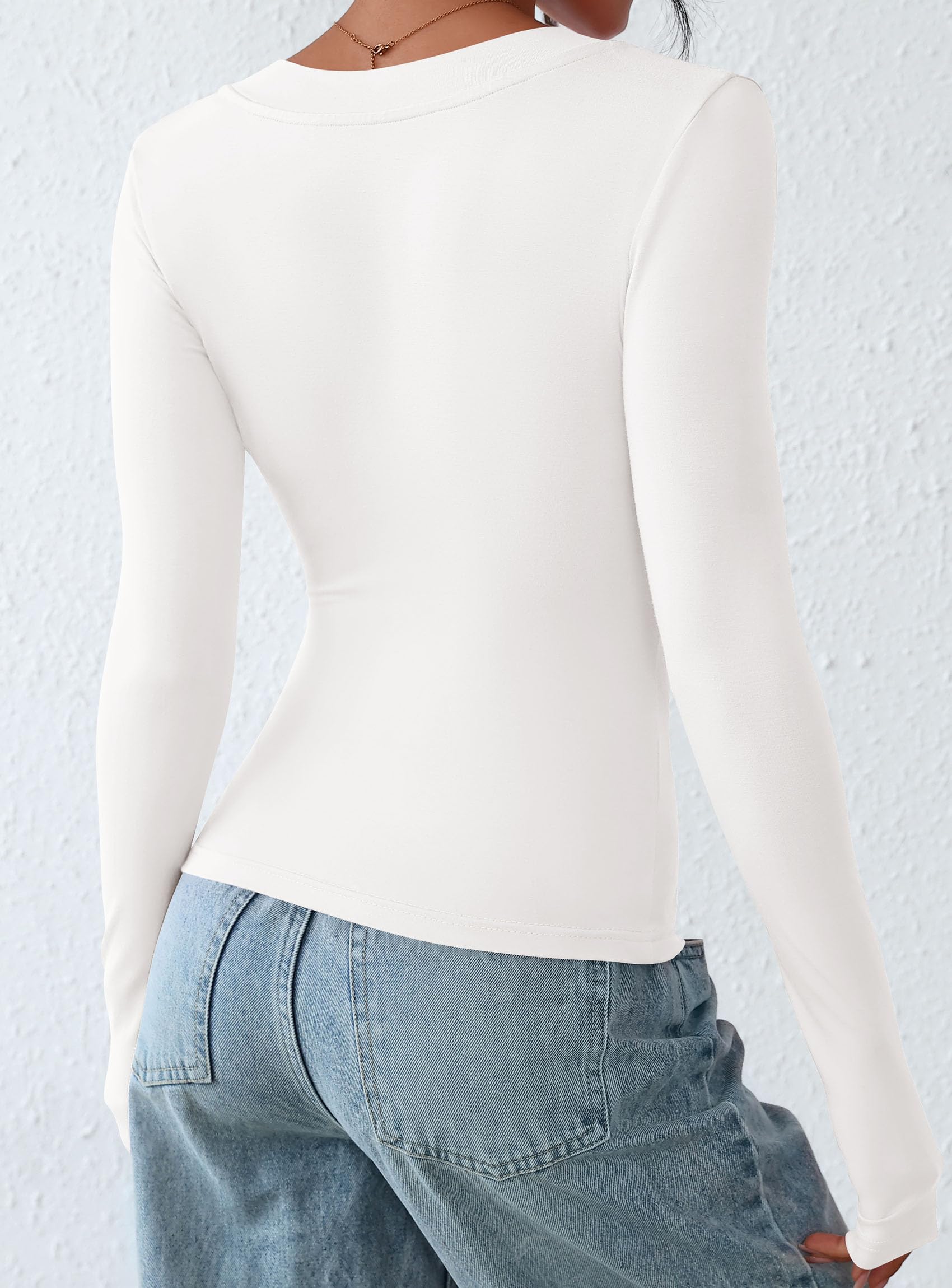 PRETTYGARDEN Long Sleeve Shirts for Women 2026 Fall Fashion V Neck Going Out Tops Slim Fit Basic Tees Y2K Clothes (White,Small)