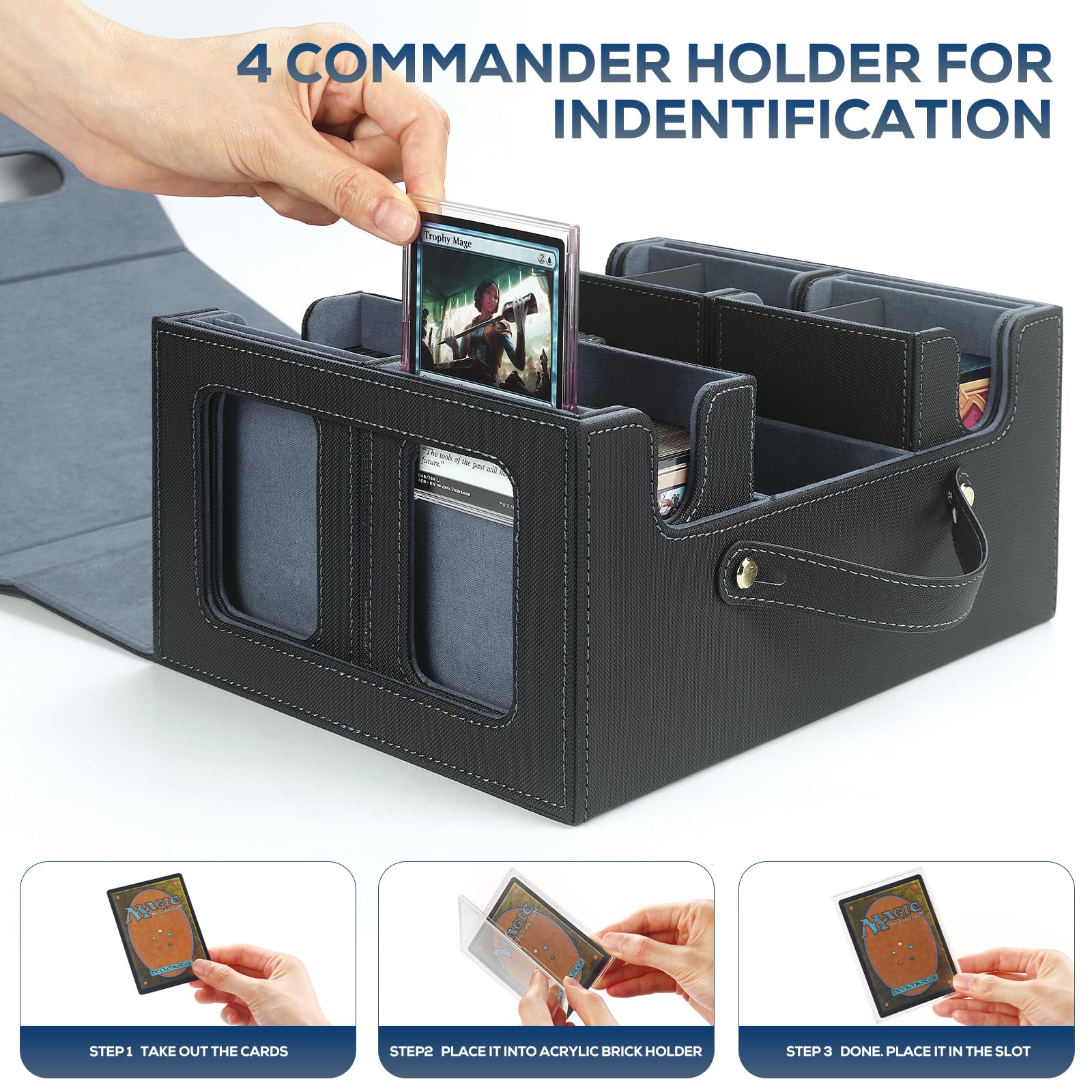 STTRBOX Trading Card Storage Box for MTG, MTG commander deck box，Multi-purpose Deck Case for MTG TCG Sports Card, 4 Toploaders, 4 Stoppers, 4 Colorful Dividers (Black & Grey)