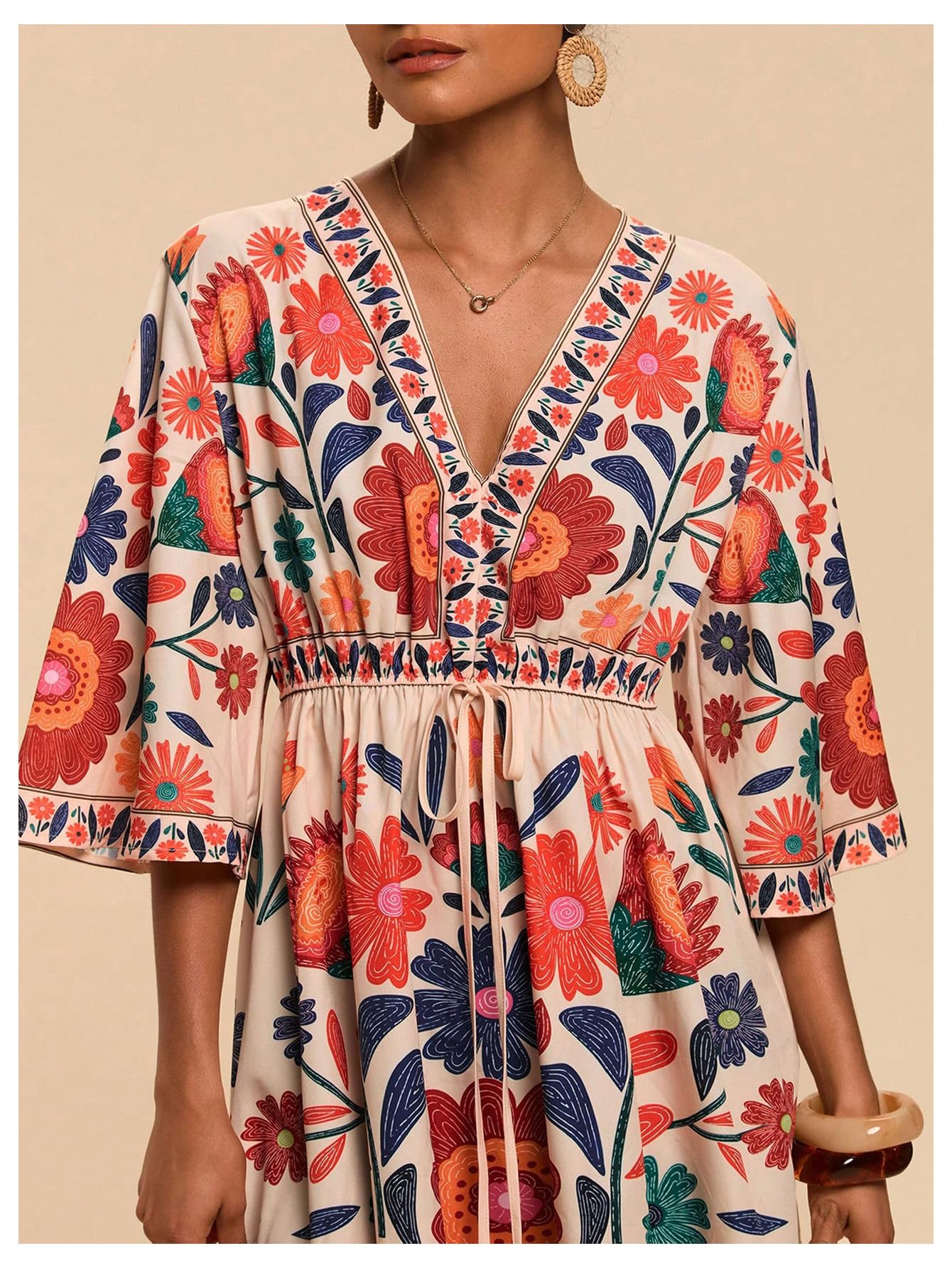 WDIRARA Women's Floral A Line Short Dress V Neck 3/4 Sleeve Flowy Dresses Boho Beach Vacation Multicolored Flower X-Large