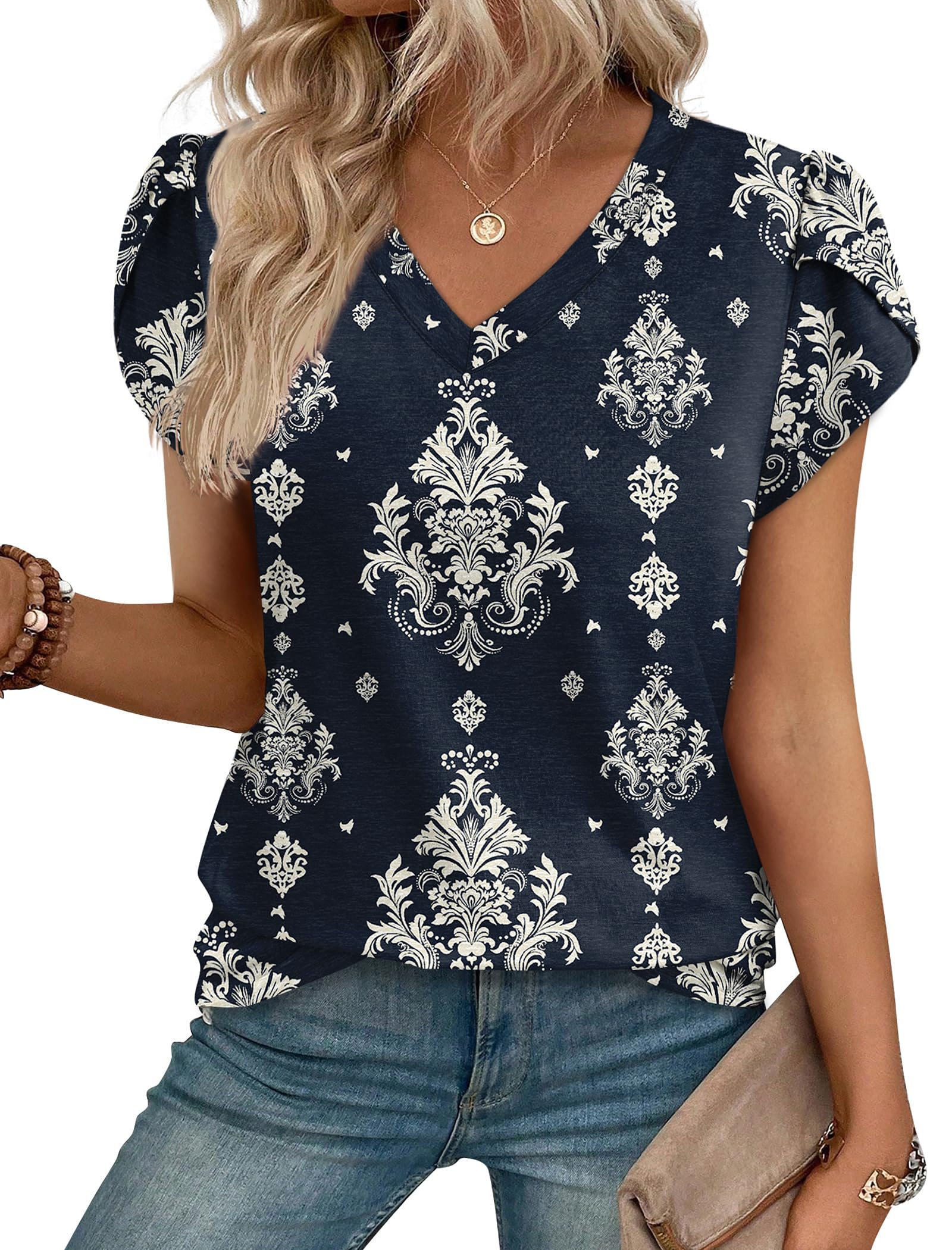 WIHOLL Boho Tops for Women 2026 Trendy Short Sleeve Shirts Spring Outfits Business Casual Blouses Vacation Travel Work Clothes Tshirts Shirts Fashion Clothing M