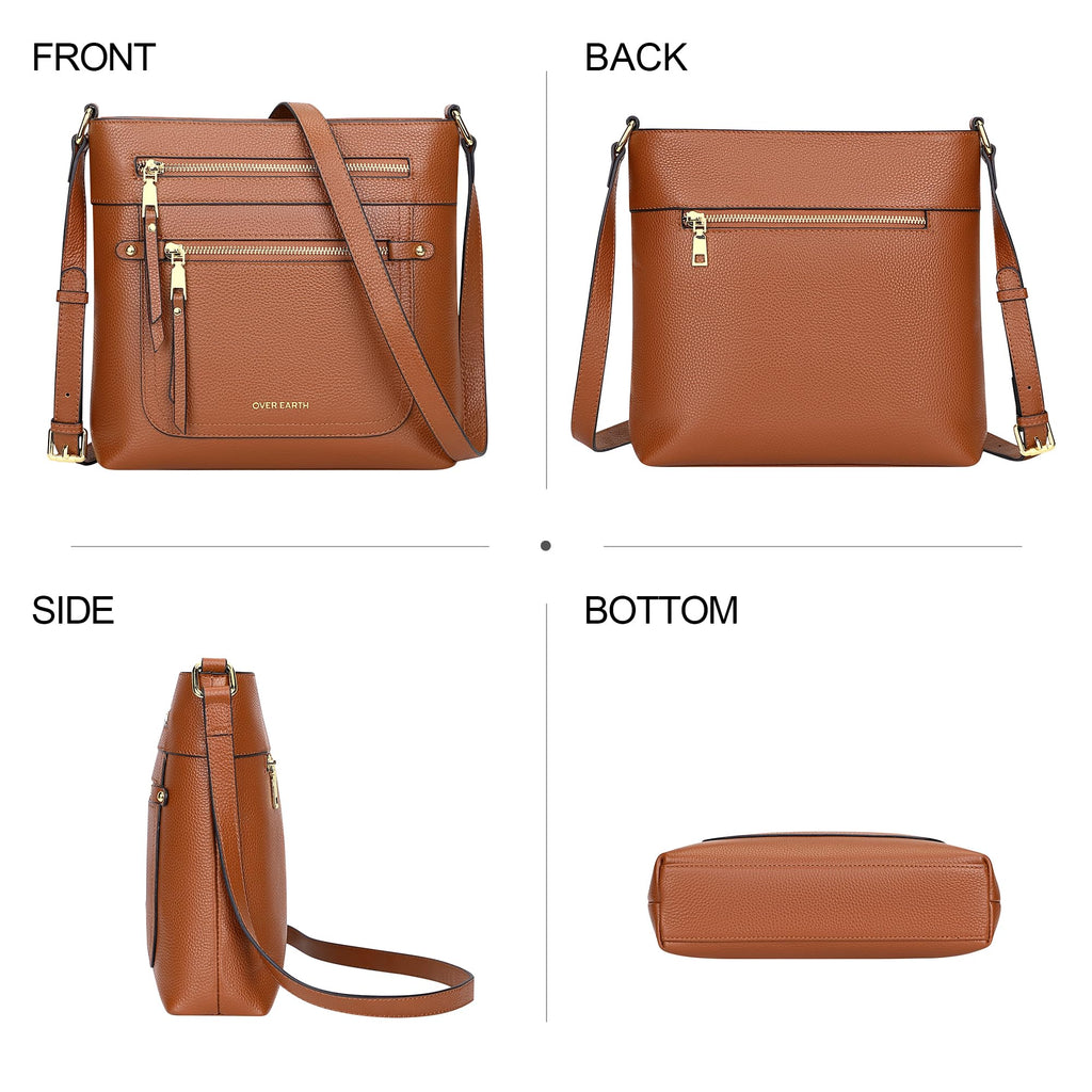 Over Earth Leather Crossbody Bags for Women Medium Shoulder Purse Multi Pocket Shoulder Handbag with Adjustable Strap(O199E Brown)