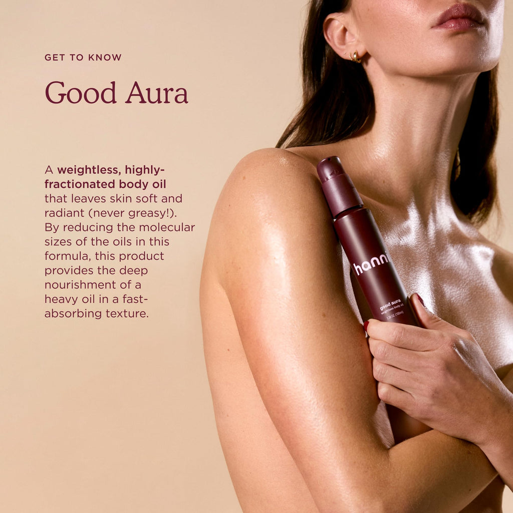 HANNI Good Aura Dry Body Oil, Lightweight After-Shower Moisturizer with Jojoba, Coconut, Baobab, and Buriti Oils, Non-Greasy Skincare for Soft Skin, 100 mL / 3.38 oz