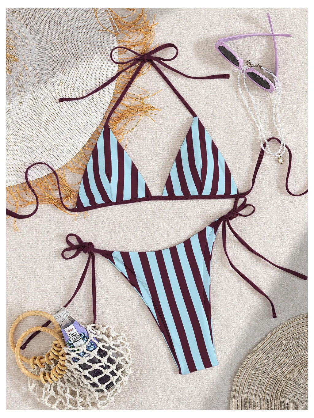 WDIRARA Women's Striped Halter Swimsuit Triangle String Bikini Sets Tie Side 2 Piece Bathing Suit Blue Small