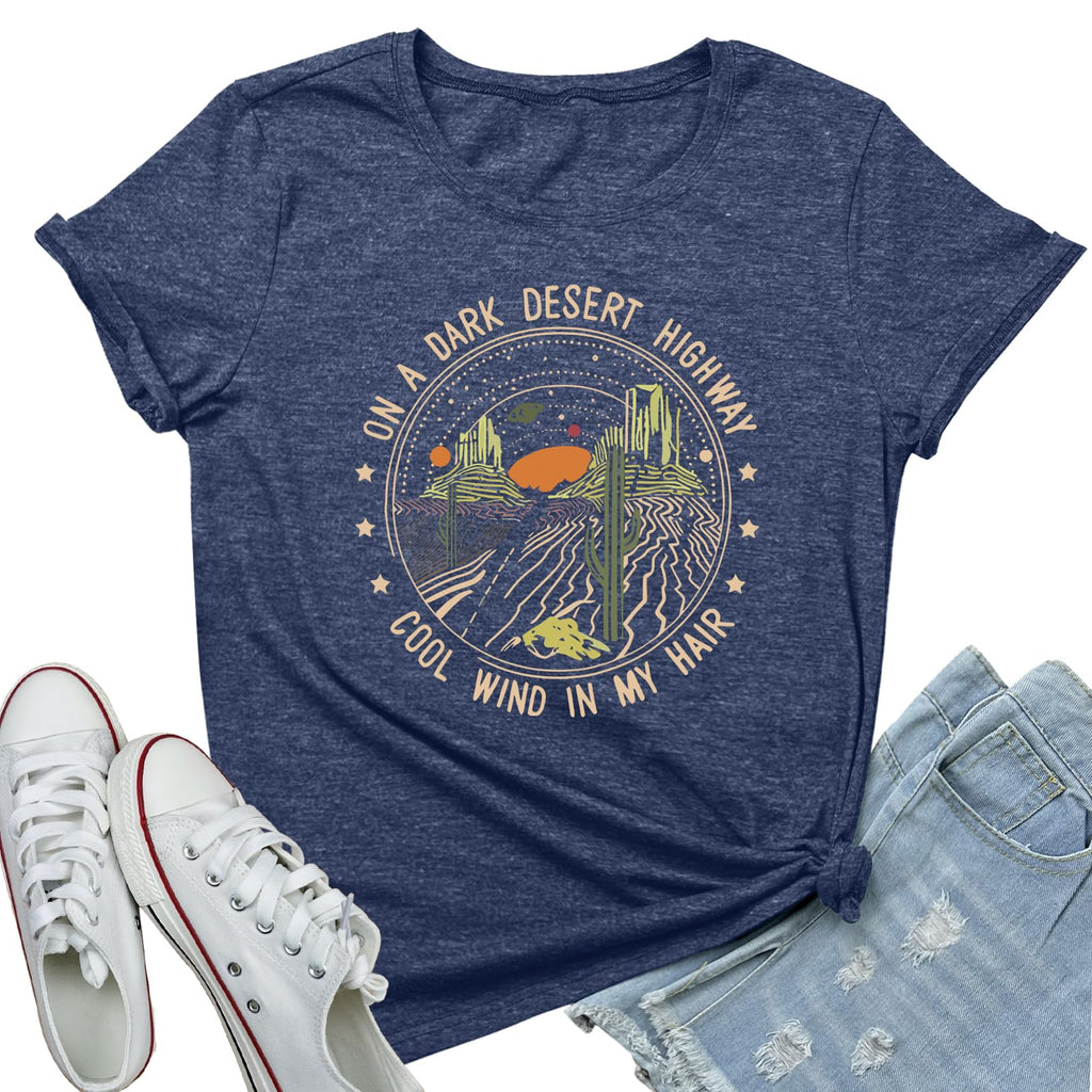ROSEPARK Women Dark Desert Cute Graphic Tee Shirts Heather Navy X-Large