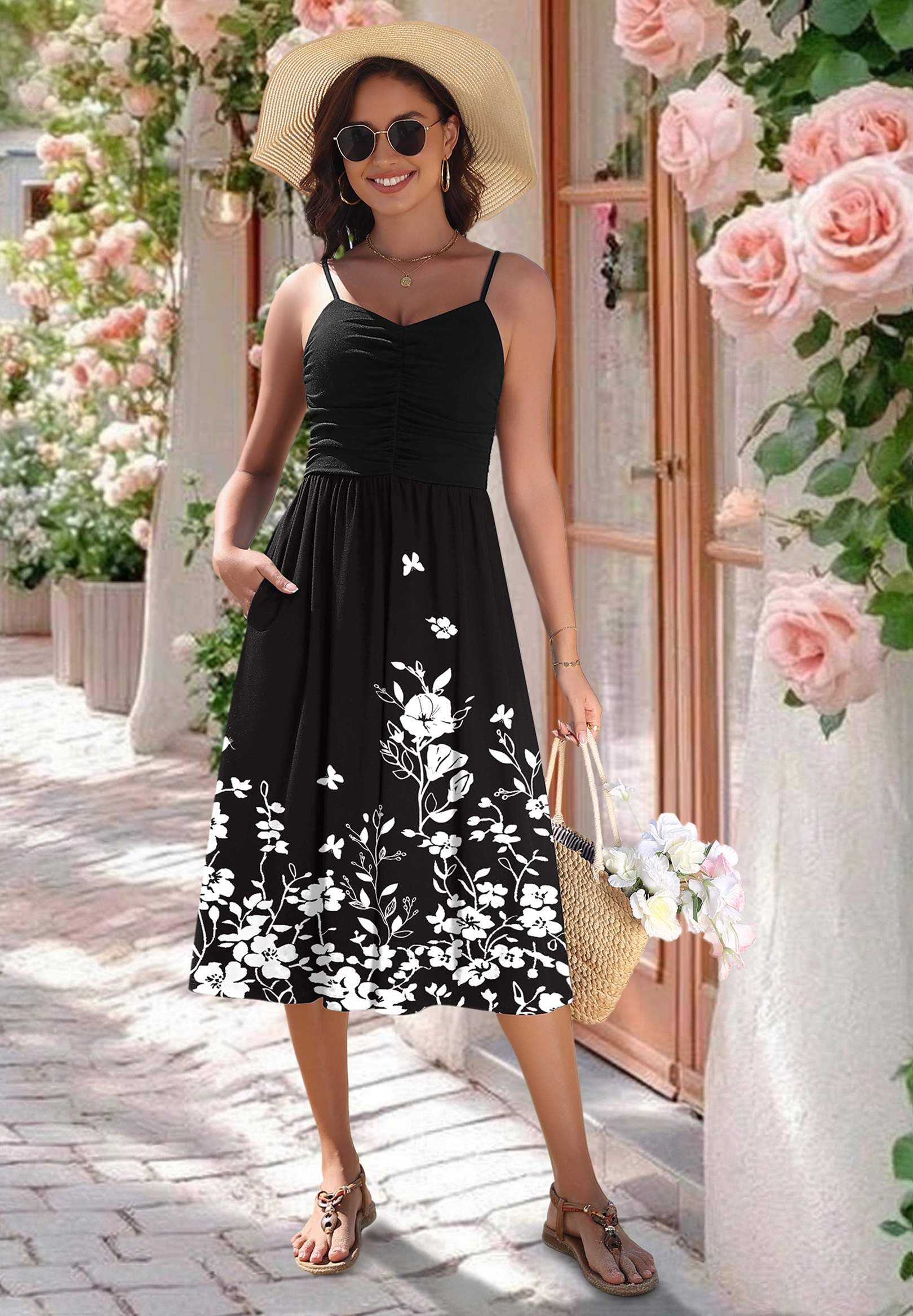 Zeagoo Women's Summer Adjustable Spaghetti Strap Casual Midi Wedding Guest Dress with Pockets Pleated Party Dresses Flowy A Line V Neck Floral Sundress