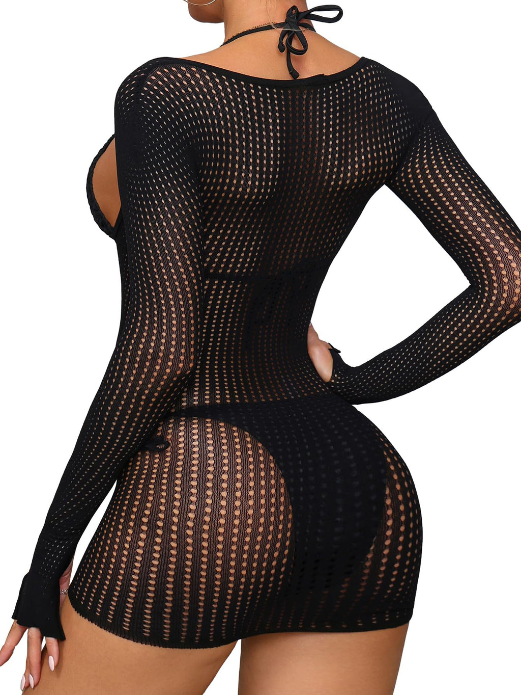 Lilosy Sexy Crochet Sheer Long Sleeve Cover Up Swim Bathing Suit Beach Dress One Piece See Through Women Swimwear Dark Fishnet Black Medium