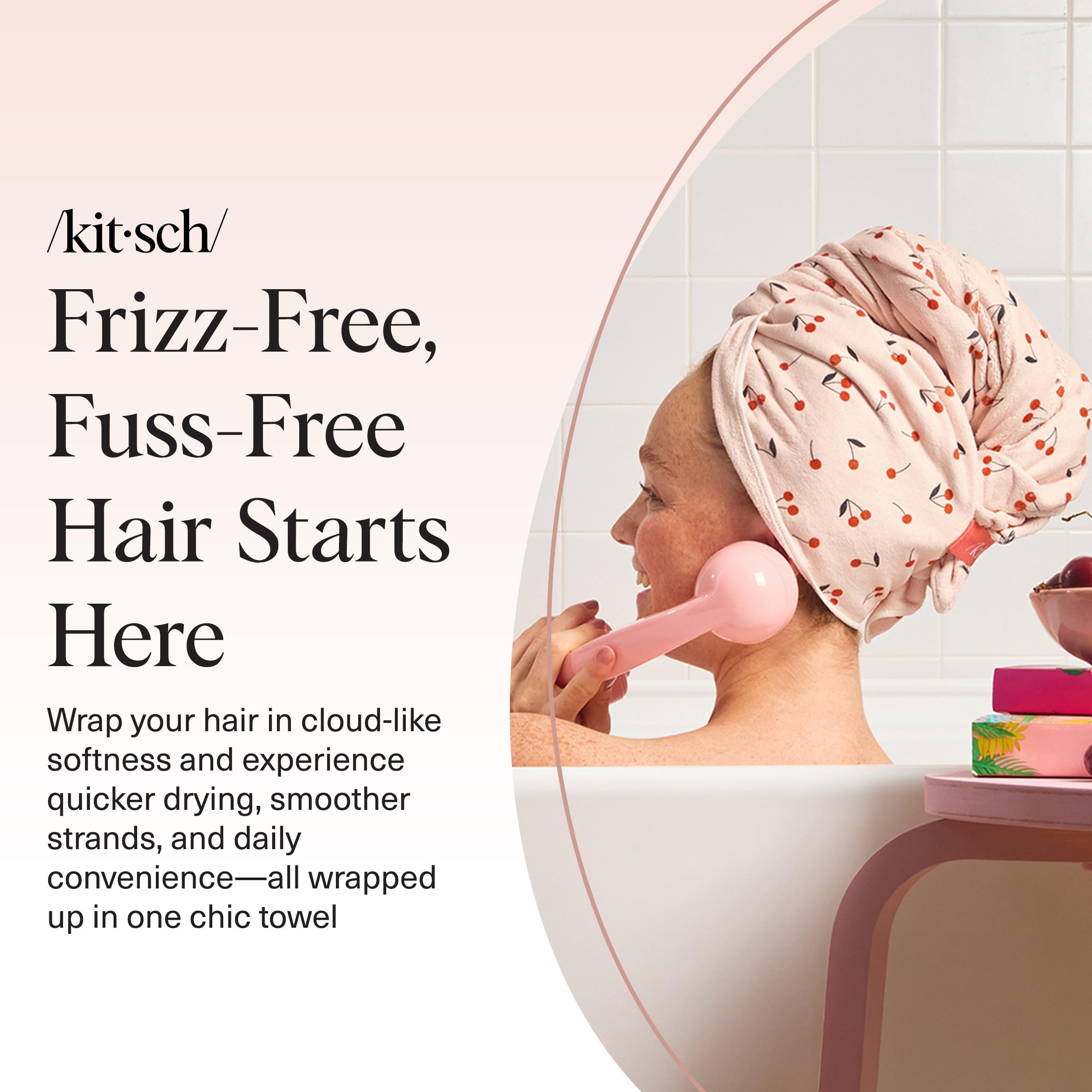 Kitsch XL Microfiber Hair Towel Wrap for Women – Ultra Absorbent Microfiber Towel for Wet, Curly, Long or Short Hair – Quick Dry, Anti-Frizz Hair Wrap – Cherry Print, 40x24 inches