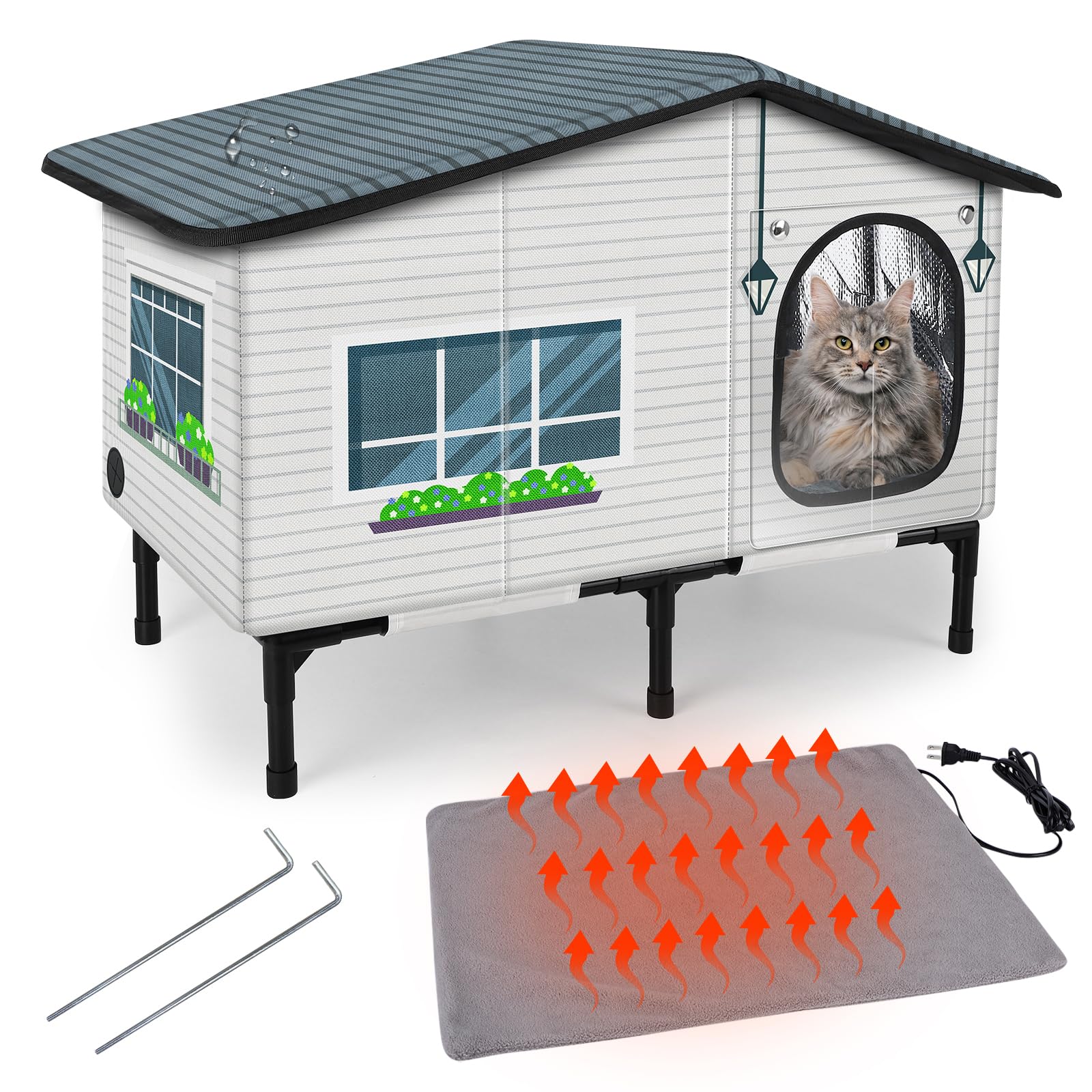 GASUR Weatherproof Heated Cat House for Outside Cats, Outdoor Cat House with Cats Heated Pad for Winter, Insulated Heating Cat Houses, Elevated Safe Feral Cat Houses Heat Cat Shelter (20"x17"x16")