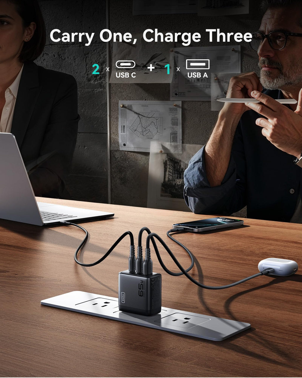 INIU 65W USB C Charger Block, 3-Port GaN Fast Charging Adapter with 100W Cable & Advanced Protection, Foldable Travel Charger for iPhone 17 16 15 Pro Max, iPad, Samsung S26 S25 Ultra, Pixel eReaders