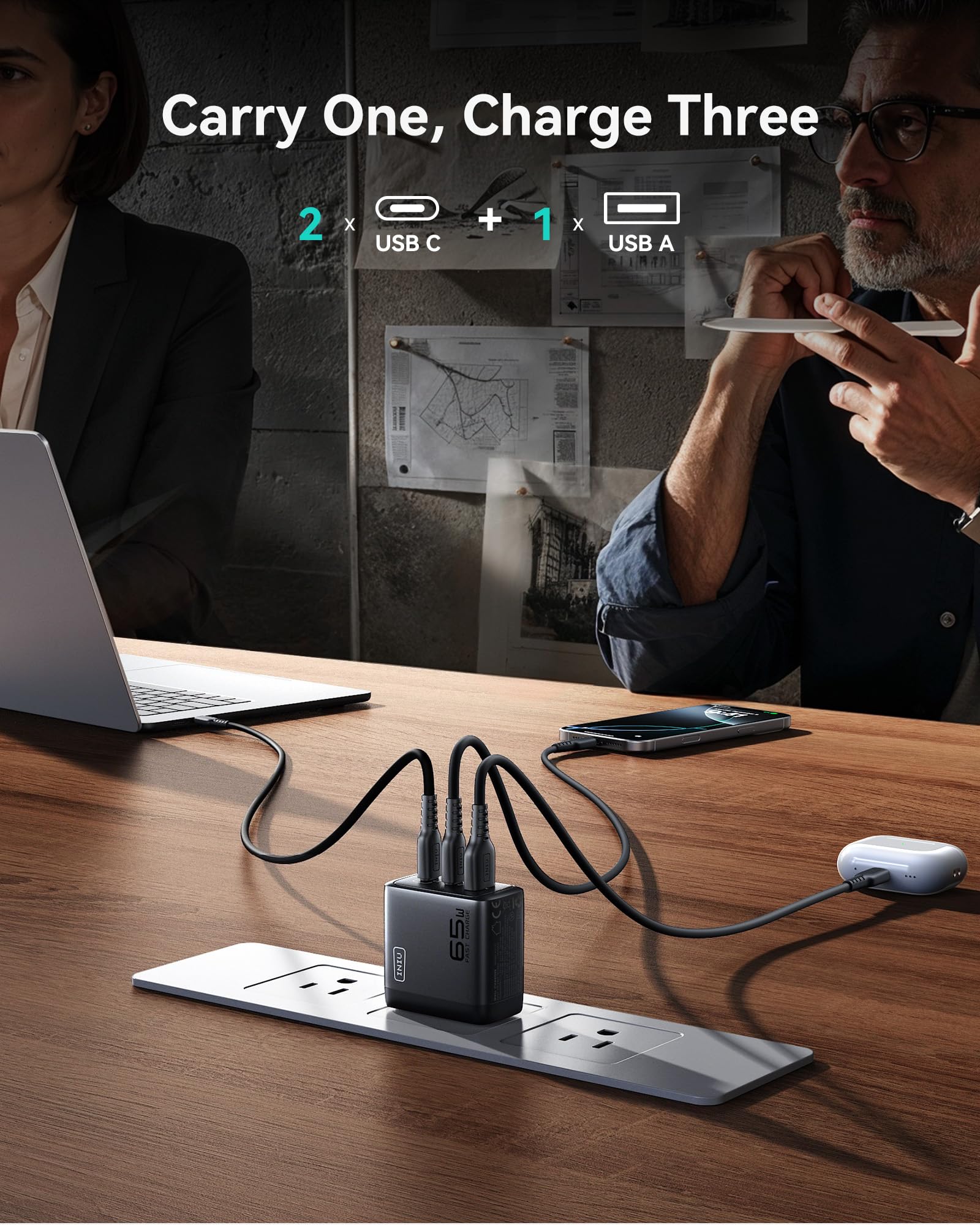INIU 65W USB C Charger Block, 3-Port GaN Fast Charging Adapter with 100W Cable & Advanced Protection, Foldable Travel Charger for iPhone 17 16 15 Pro Max, iPad, Samsung S26 S25 Ultra, Pixel eReaders