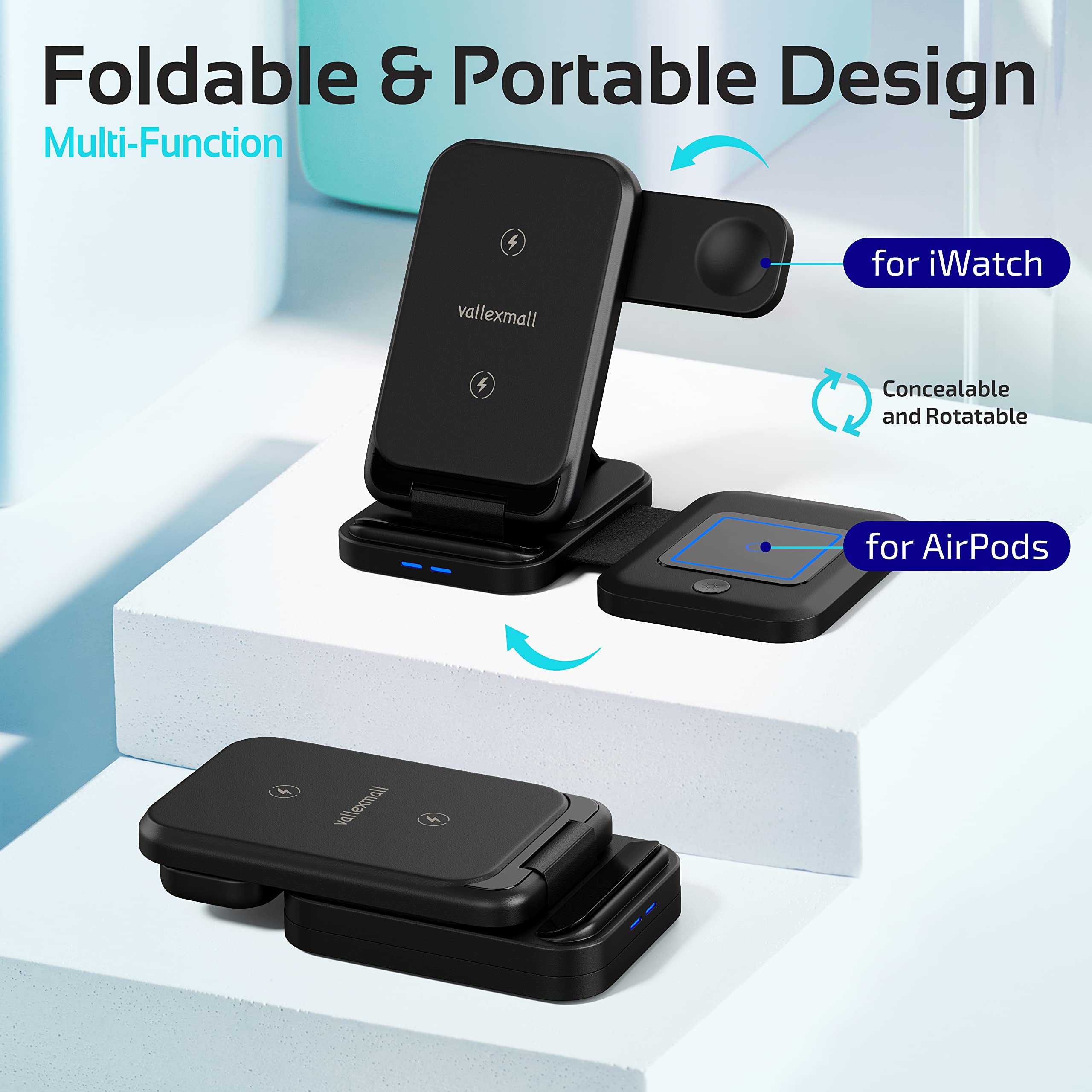 3 in 1 Wireless Charging Station for Multiple Apple Devices, iPhone 17 16 15 14 13 12 11 Pro Max XS XR X 8 Plus, Apple Watch 9 8 7 6 5 4 3 2 SE, AirPods 3 2 Pro, Fast Charger Foldable Dock Stand